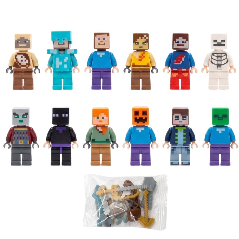 Figurines Minecraft Super Set of 12 + Accessories People Pixel Blocks Game Brand Minecraft