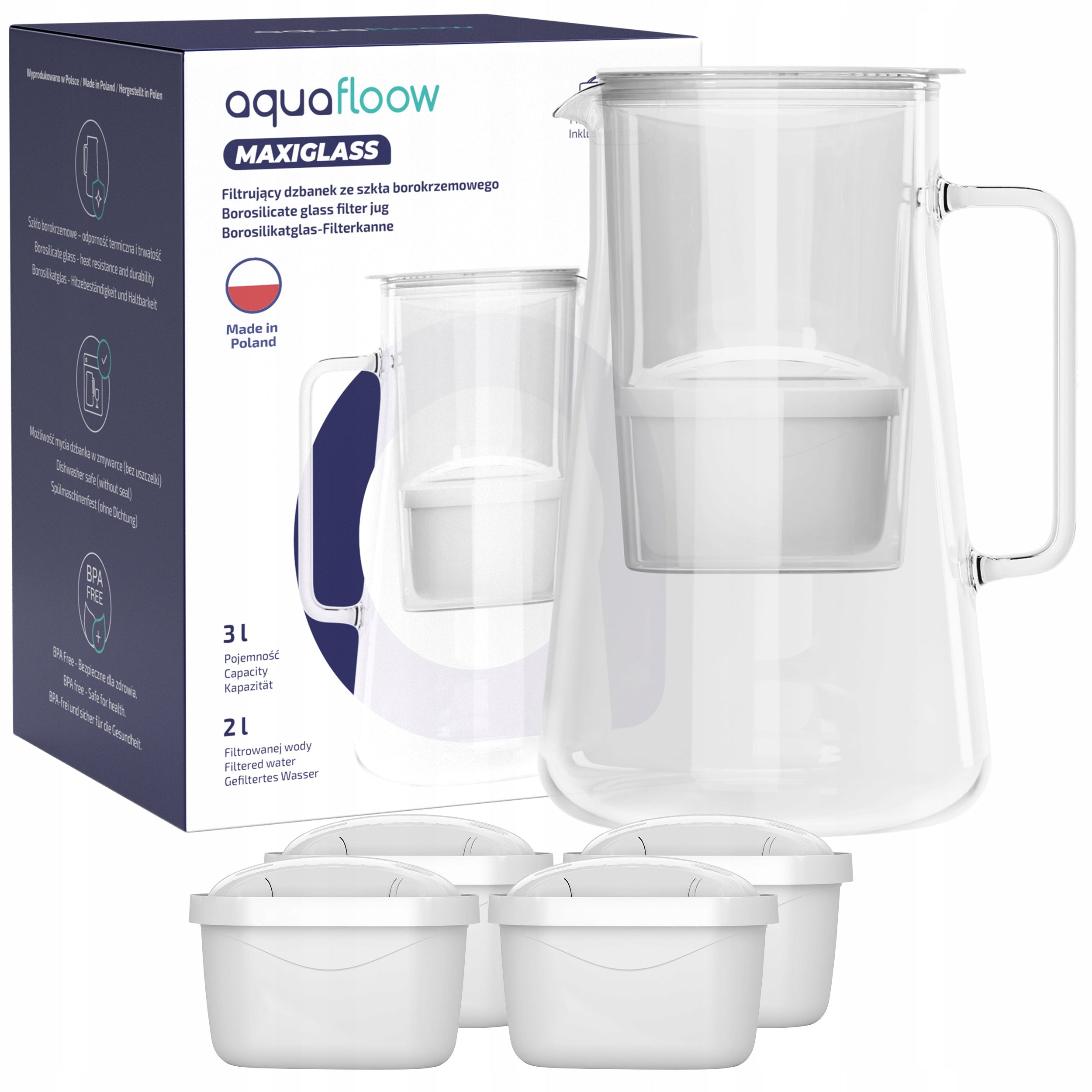 Filter JUG GLASS AquaFloow MaxiGlass 3l + 5x WATER CARTRIDGE