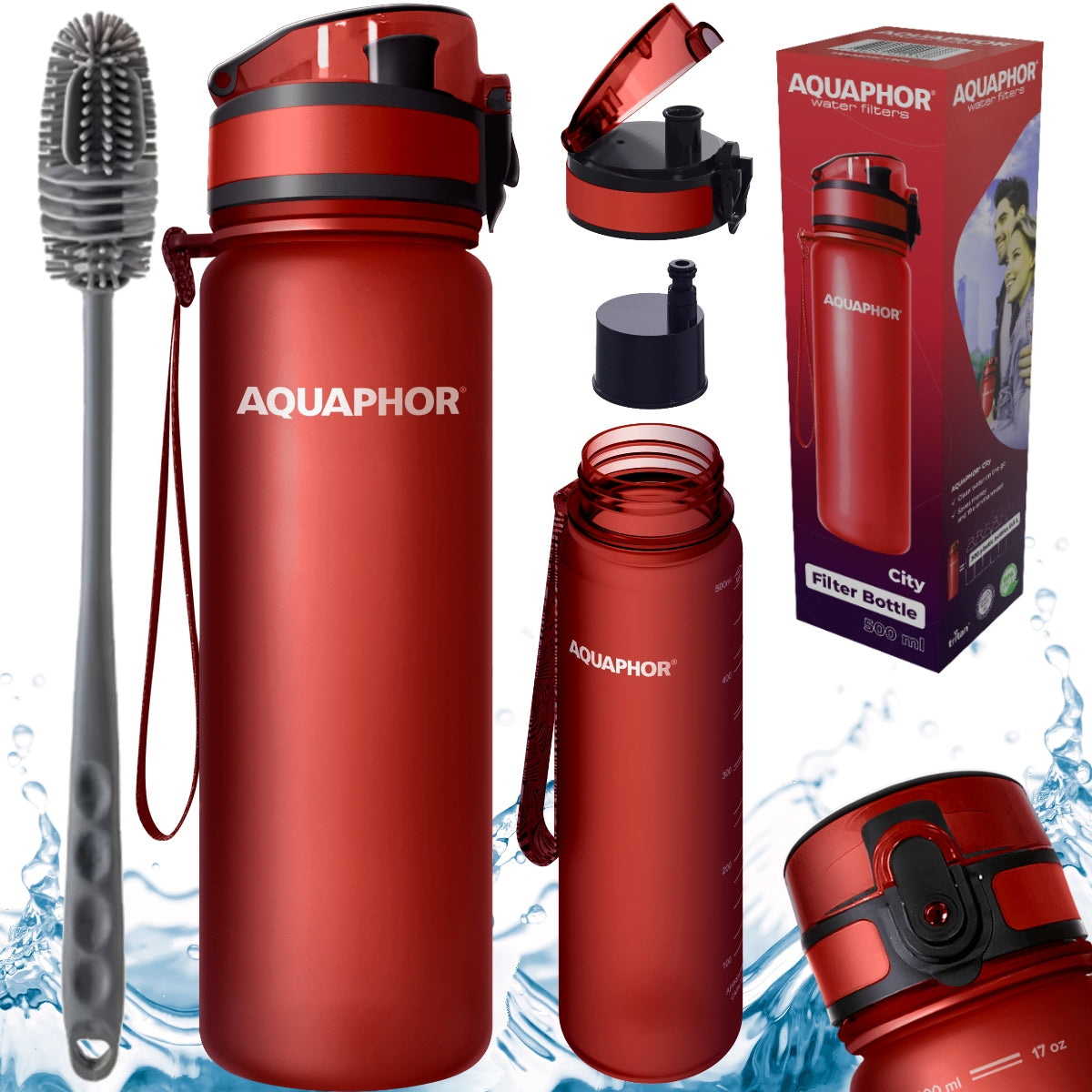 Filter bottle AQUAPHOR CITY 0,5l red + toothbrush