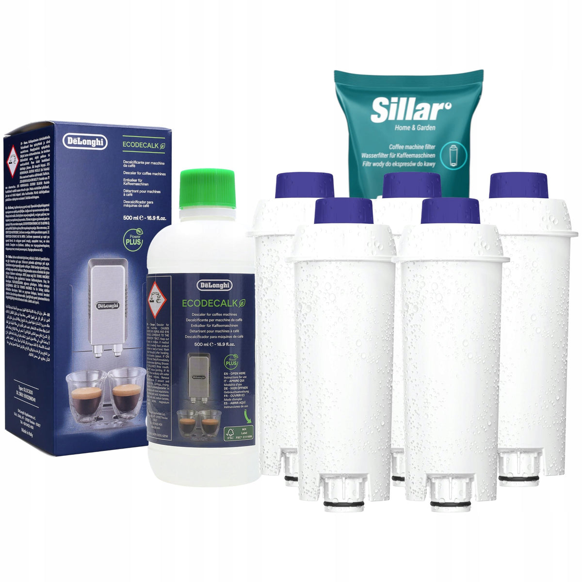Filter for Delonghi machine replacement Sillar 5x + Delonghi descaler 0,5l