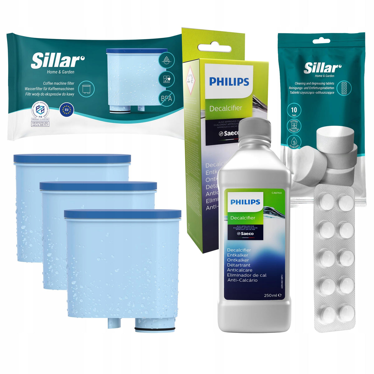Filter for Saeco Philips 3x espresso machine + descaler for espresso machine + tablets