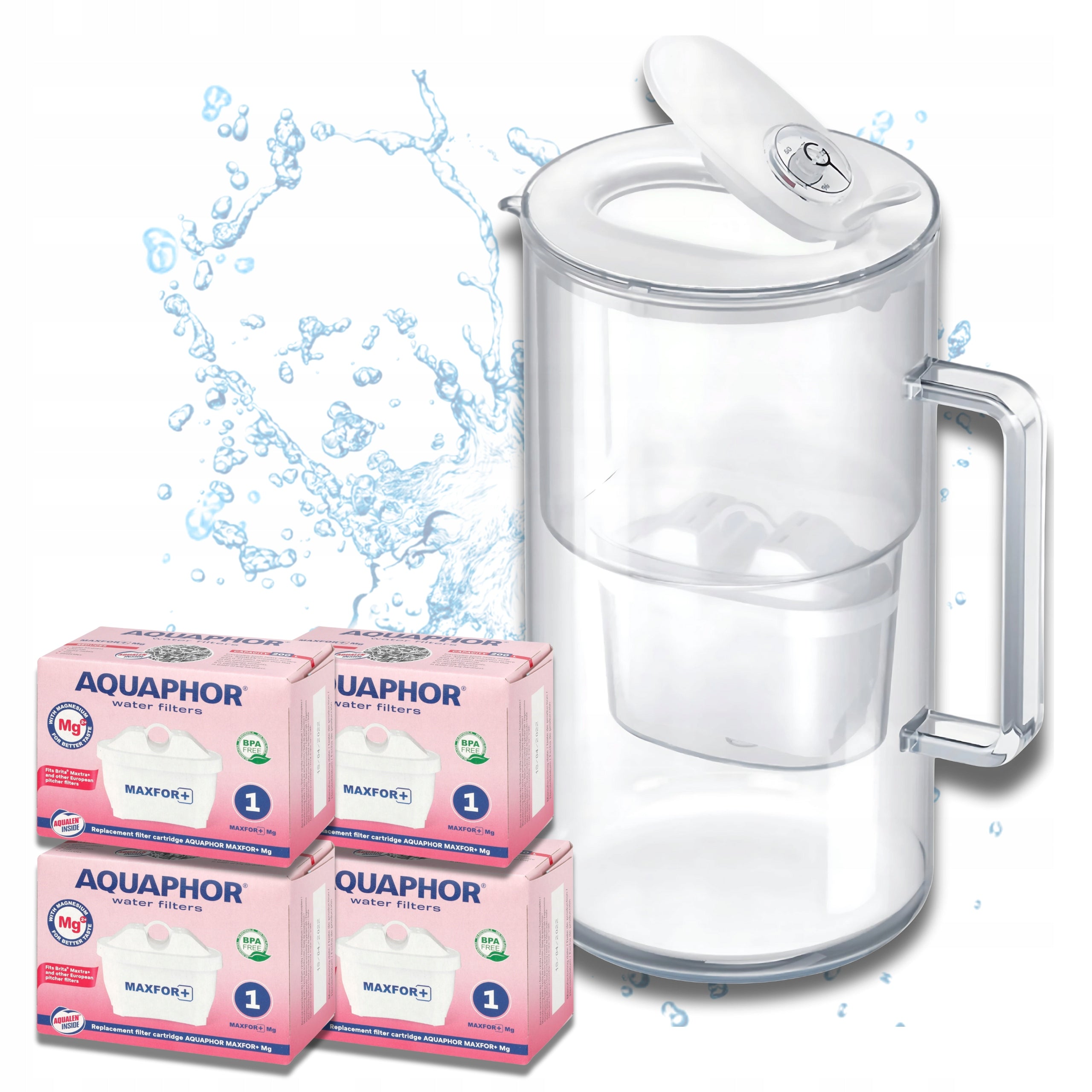 Filter jug Aquaphor Glass, white glass + 4 filters Maxfor+ Mg
