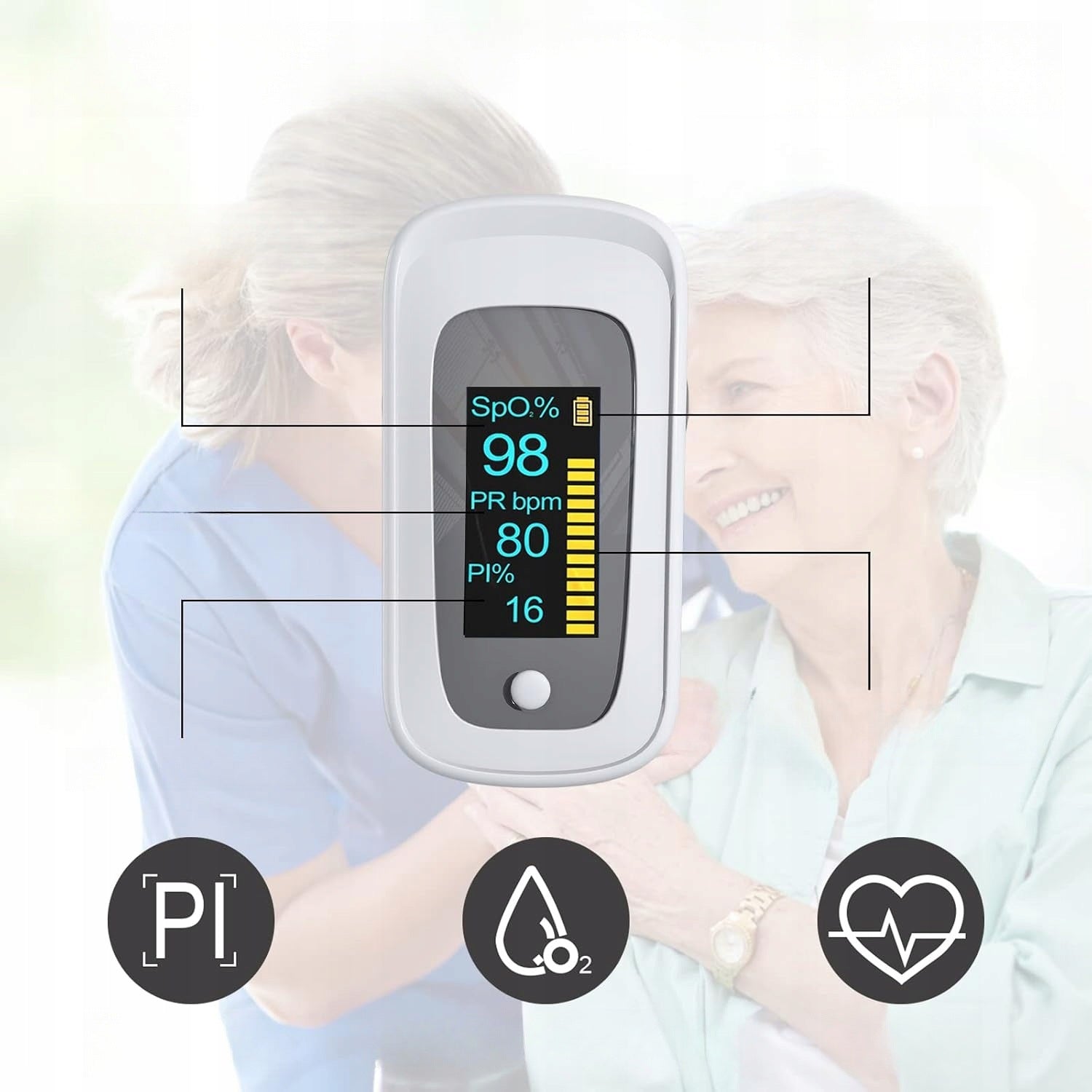 Finger Pulse Oximeter SpO2 Alarm OLED Screen Saturation Measurement Medical device no