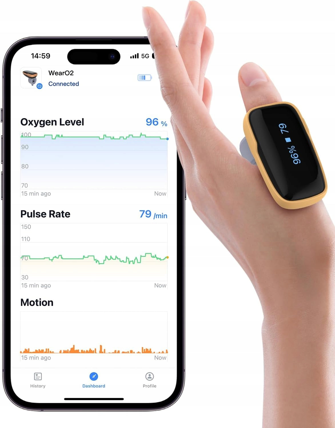 Finger pulse oximeter WearO2 ViATOM PO1 monitor SpO2 and heart rate application