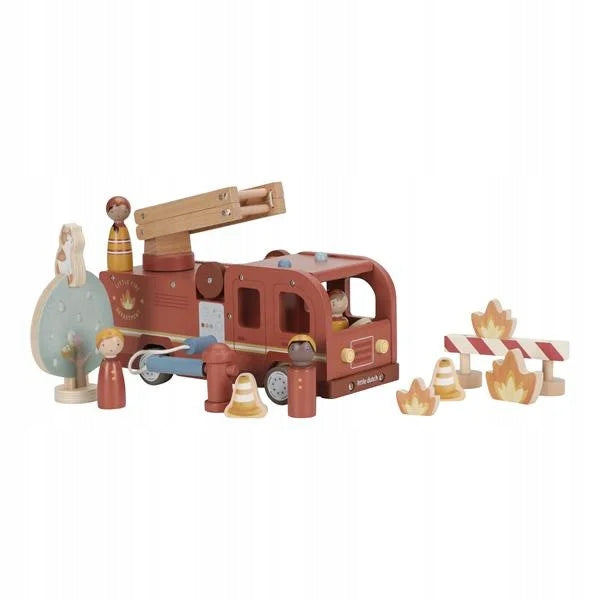 Fire Truck - Wooden Car with Ladder, Firefighter and Fire Little Dutch