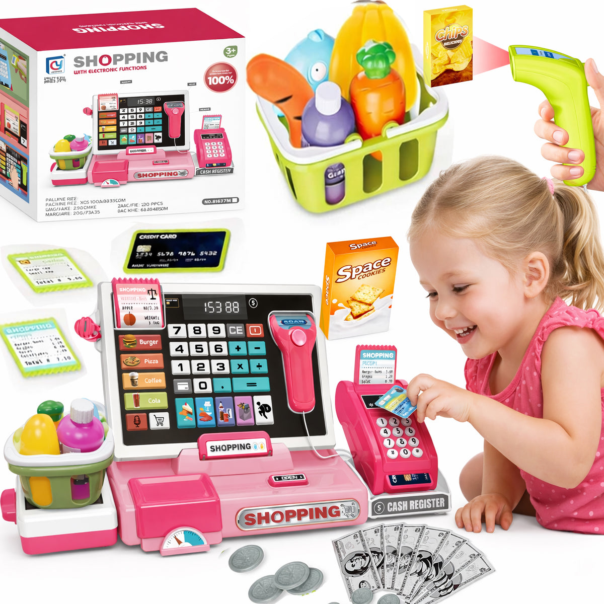 Fiscal Cash Register for Children Shop Calculator Scanner Sound Basket Weight