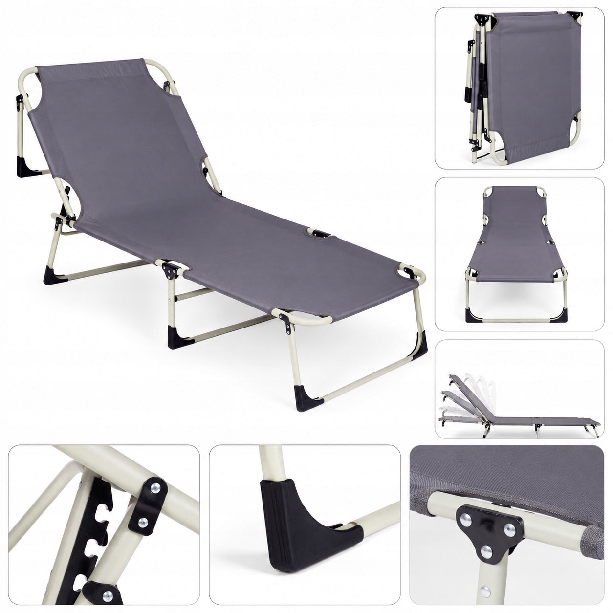 Fishing Lounger Folding Adjustable with Mattress Cushion Grey Comfortable