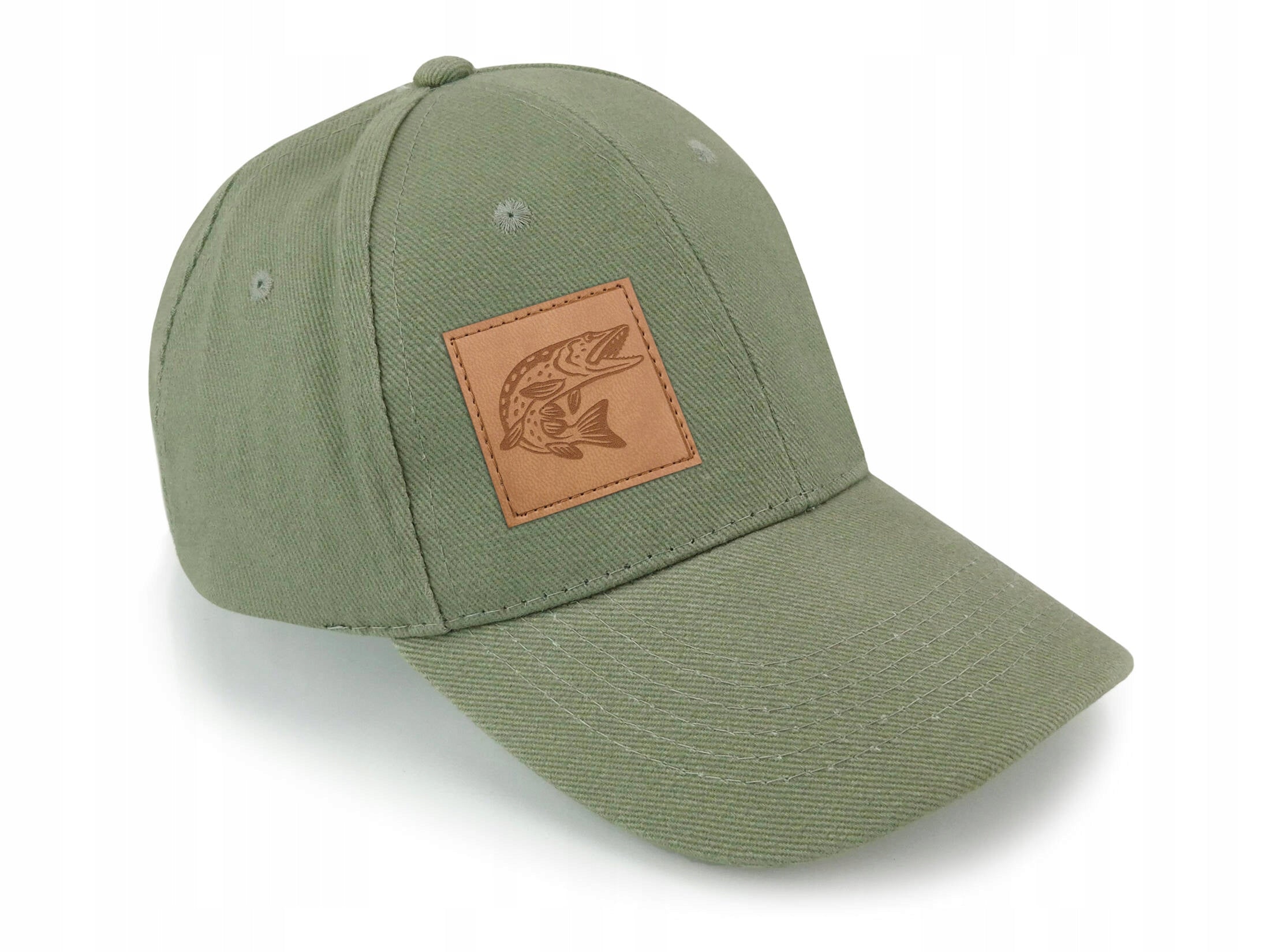 Fishing cotton cap with fish visor khaki patch - PIKE Color green