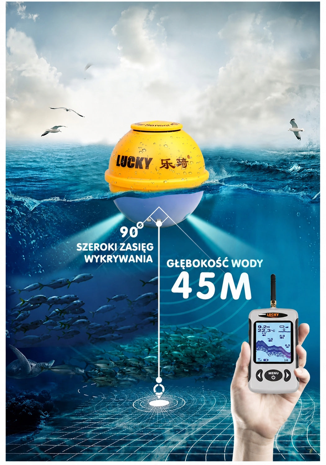 Fishing echo sounder sonar Lucky FFW718 fish detection, range up to 183 m Manufacturer code SONAR WIRELESS FISH FINDER LED 150M