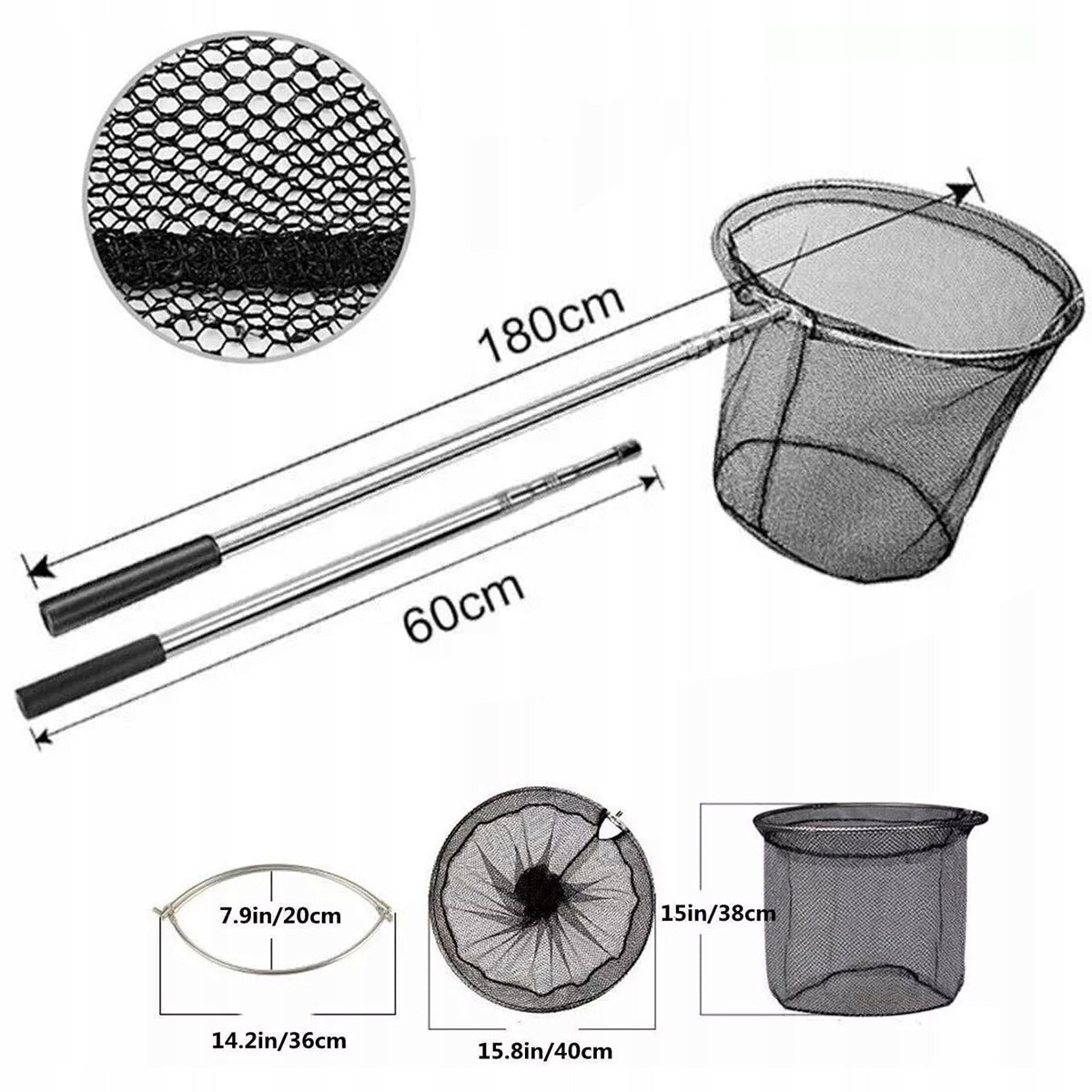 Fishing landing net 1.8 m telescopic strong metal folding basket Brand no brand