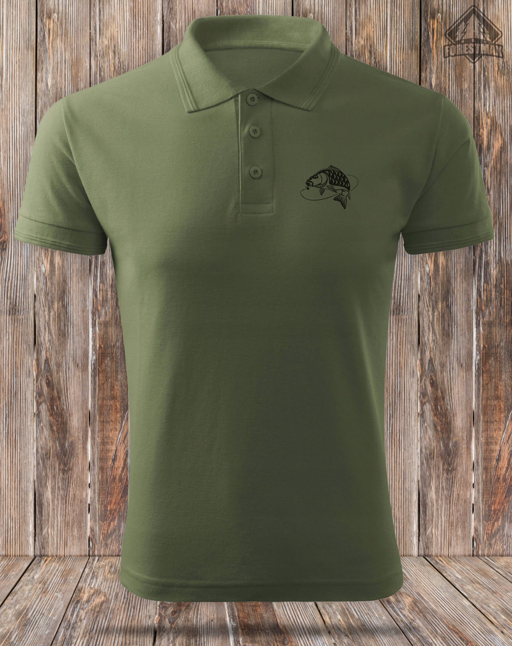 Fishing polo shirt in khaki for fish print KARP for gift r. L Brand ForestMax