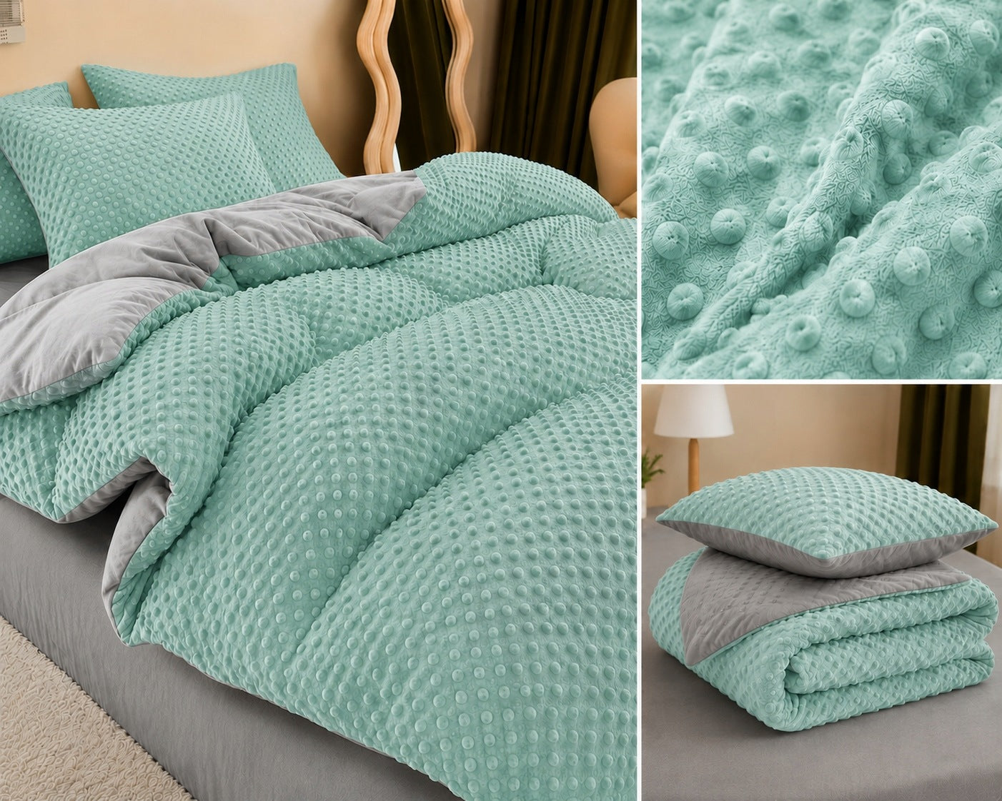 Fleece Bedding Minky 160x200 Double Sided Warm Fluffy Mint Grey Bear Packaging status original