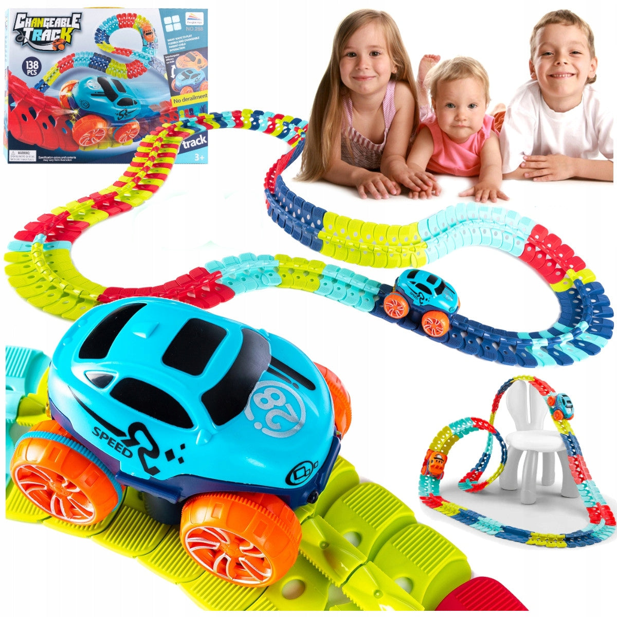Flexible Car Track for Children Racing 138 el. 3,2m + LED Car Brand Stator