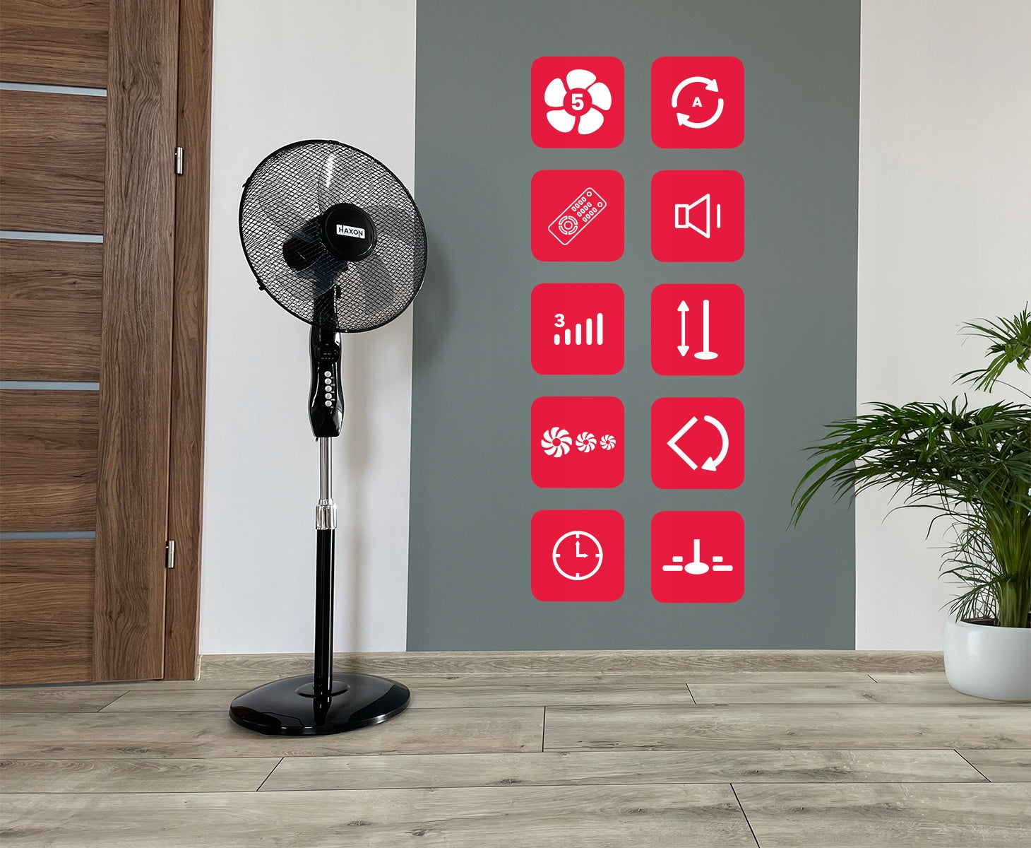 Floor fan HAXON DAX standing fan 5 blades timer + remote control Brand Haxon