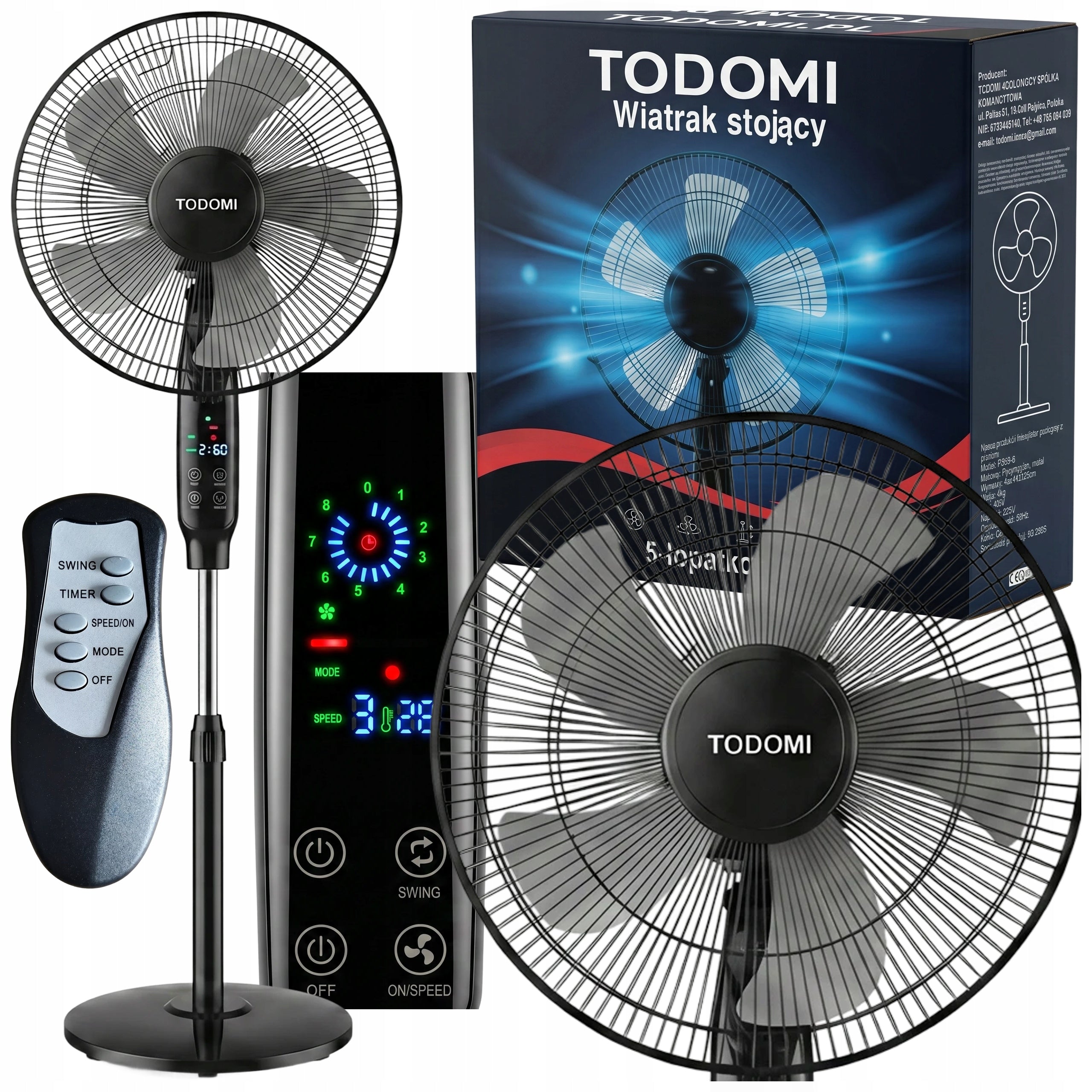 Floor fan standing fan 45cm quiet 5 LED blades + remote control TIMER