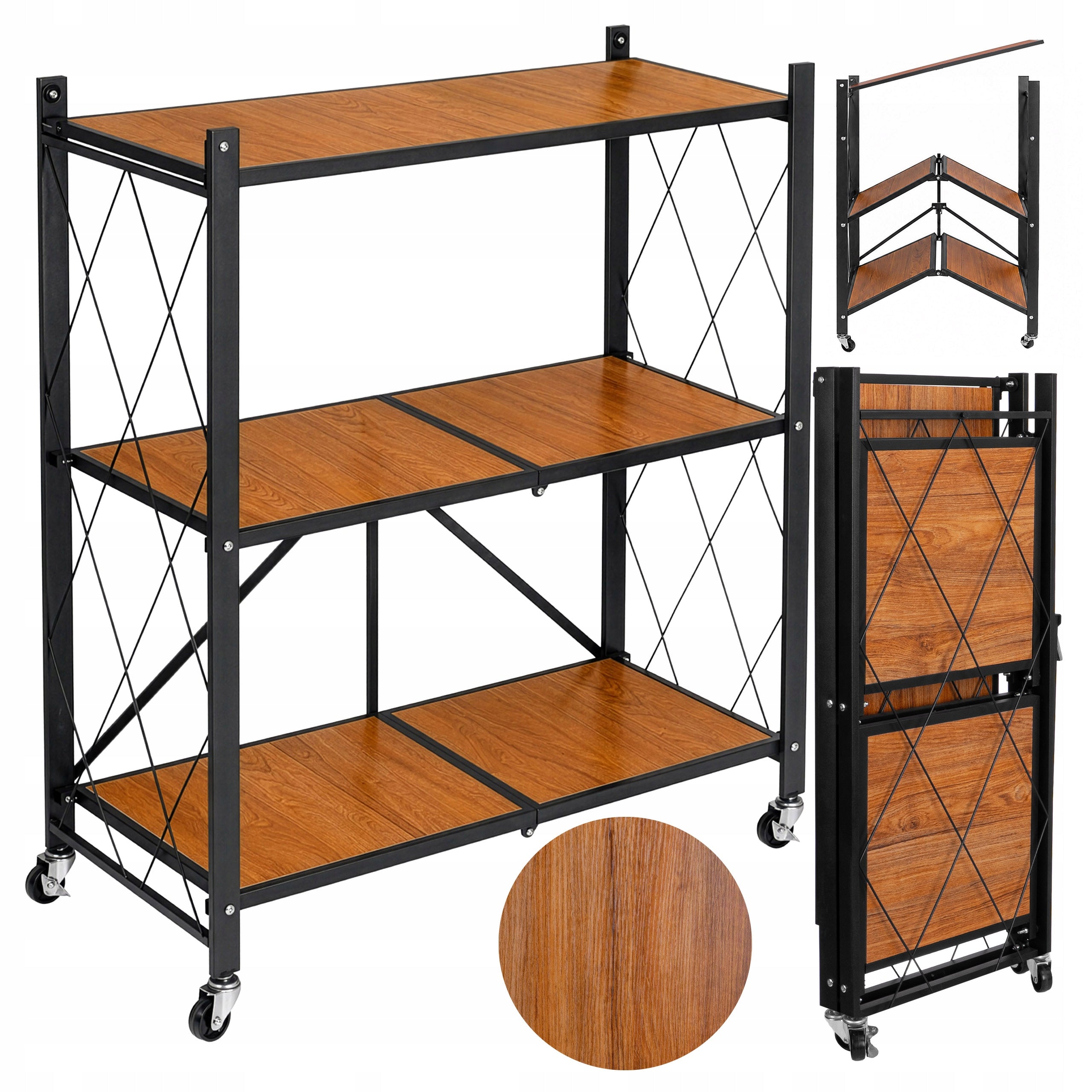 Folding Bookcase Mobile Metal On Wheels 3 Shelves Loft Wood Pattern 70cm
