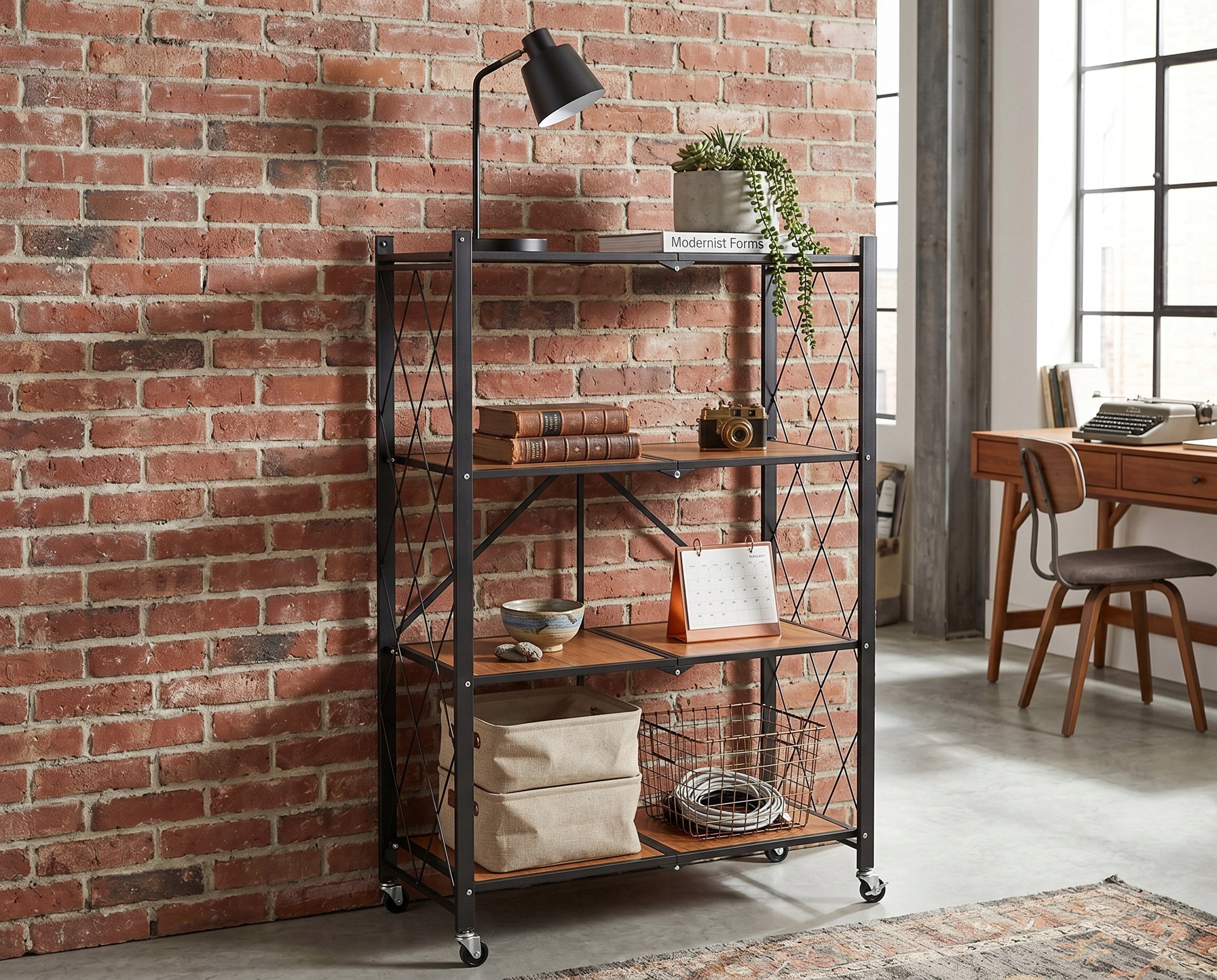 Folding Bookcase Mobile Metal On Wheels 4 Shelves Loft Wood Pattern 70cm Packaging status original