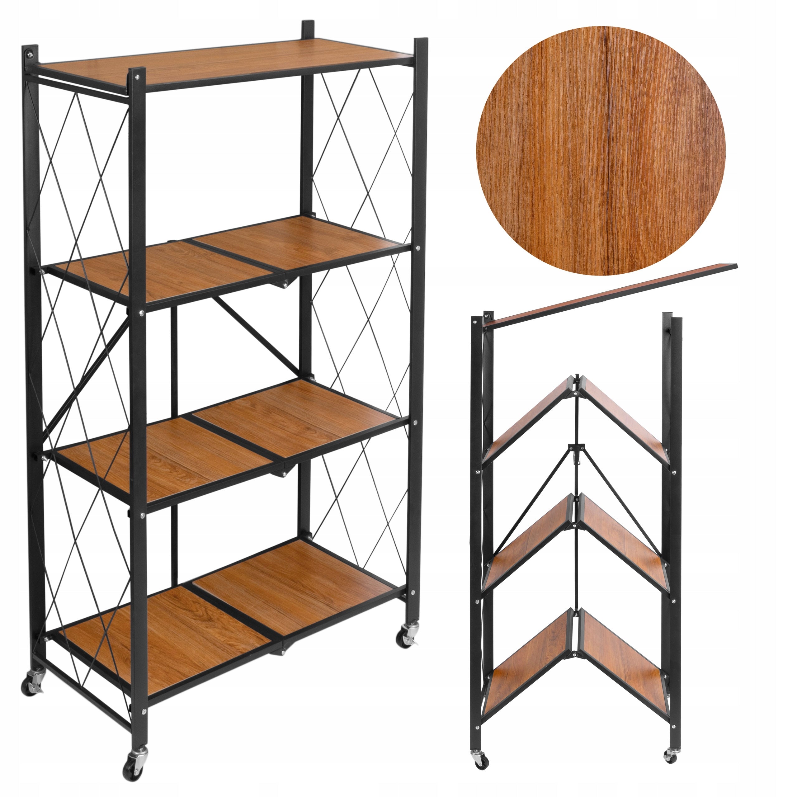Folding Bookcase Mobile Metal On Wheels 4 Shelves Loft Wood Pattern 70cm
