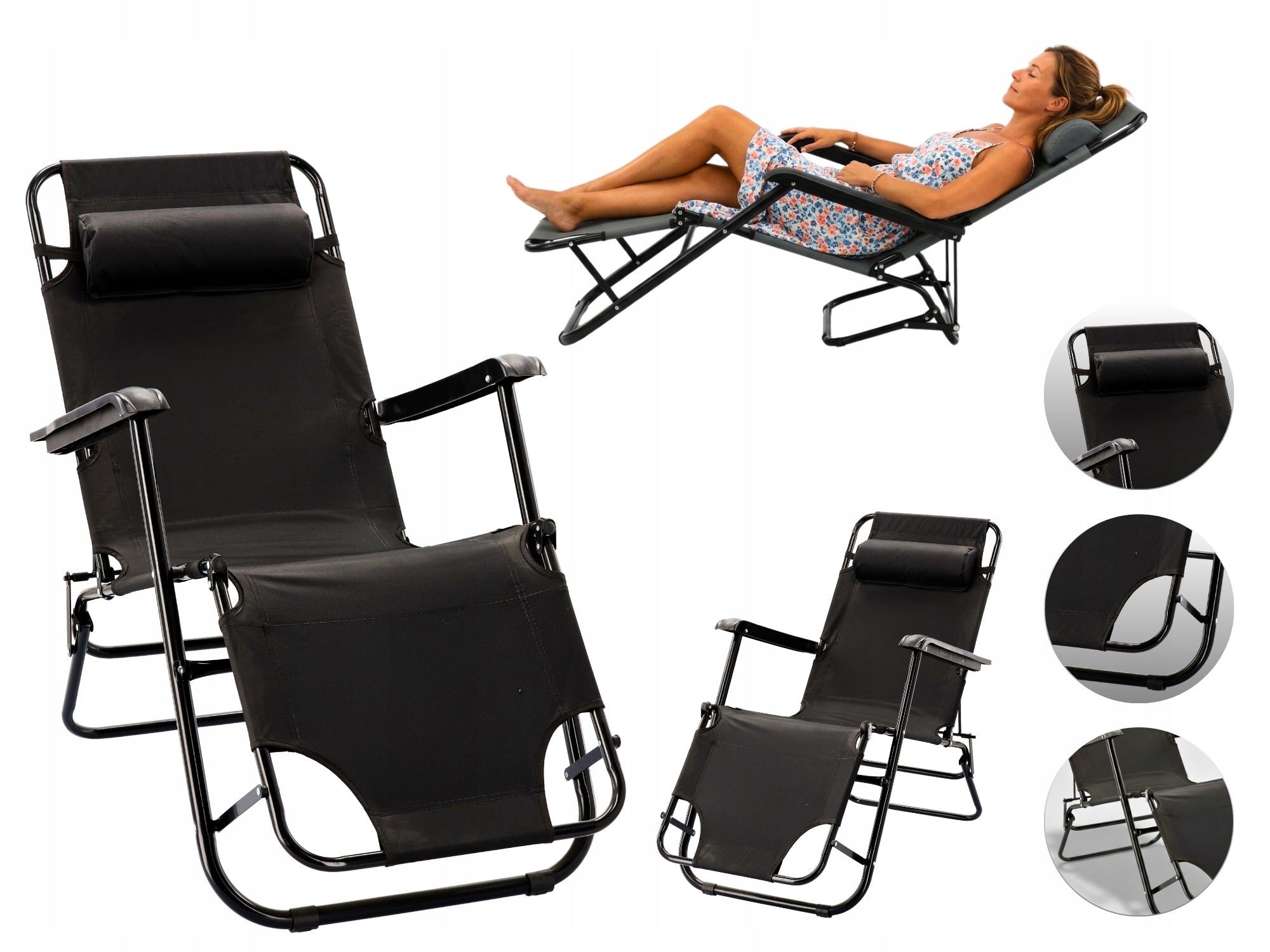 Folding Garden Sun Lounger with Headrest Black Adjustable GardenLine
