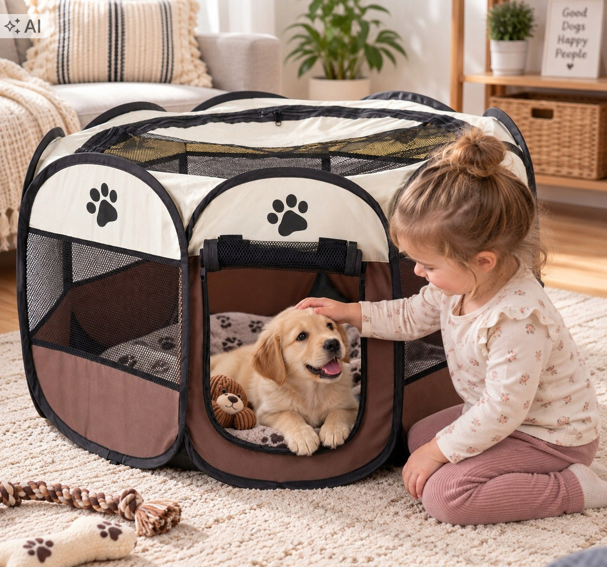 Folding Playpen for Dog Cat Puppies Kittens Lightweight Bed Brown - L Packaging status original