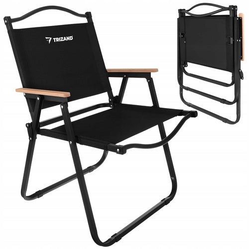 Folding garden chair with wooden armrests, black balcony,
