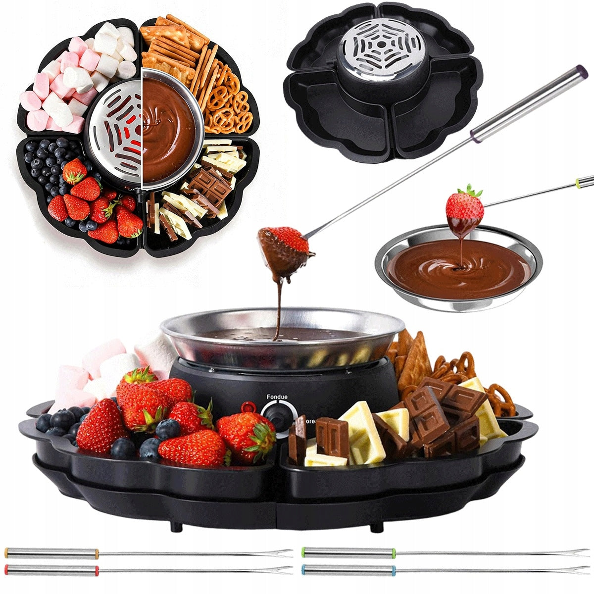 Fondue Electric 2in1 4 Removable Trays For Marshmallow And Cookies Black
