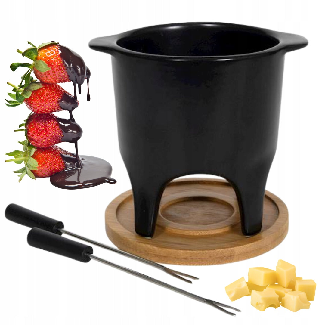 Fondue Set with Chocolate Stand Black Porcelain Melted Cheese 3 el