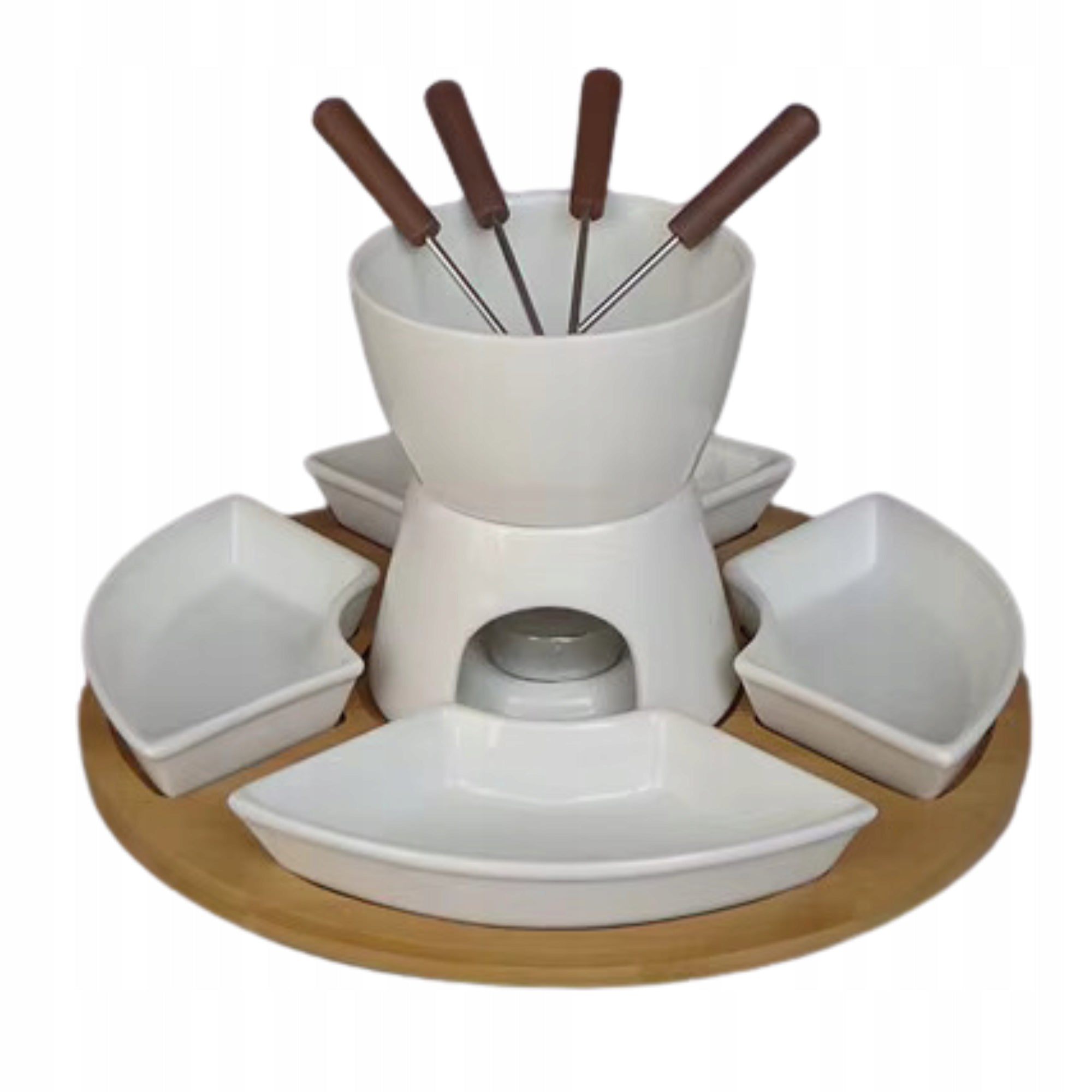 Fondue Set with Wood Tray, 4 Porcelain Bowls + 4 Forks Brand no brand