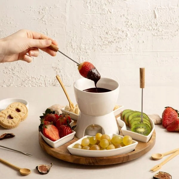 Fondue Set with Wood Tray, 4 Porcelain Bowls + 4 Forks Manufacturer code MAD DOT FOUNDE
