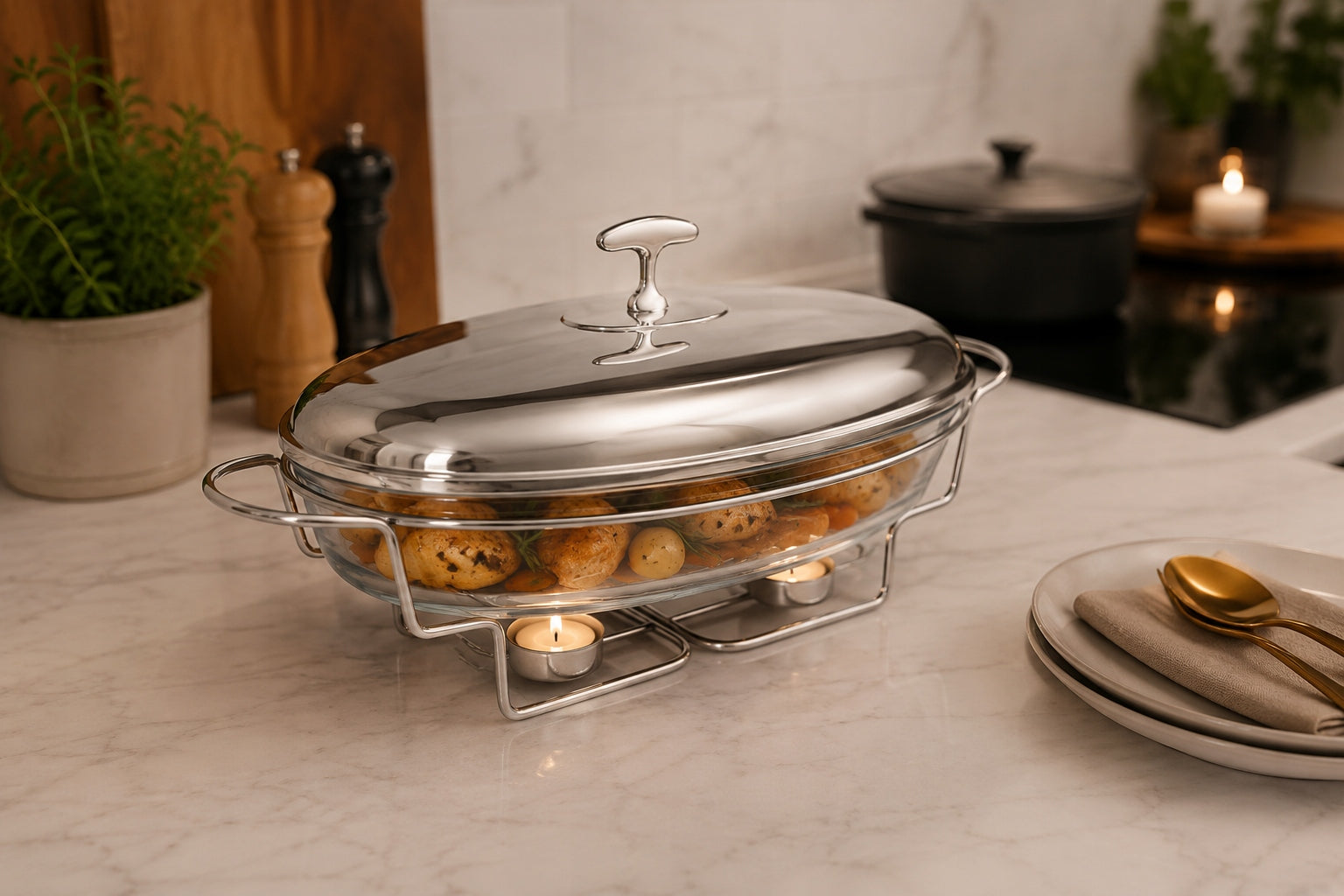 Food Warmer 3,2L with Candles, Stainless Steel and Glass Packaging status original