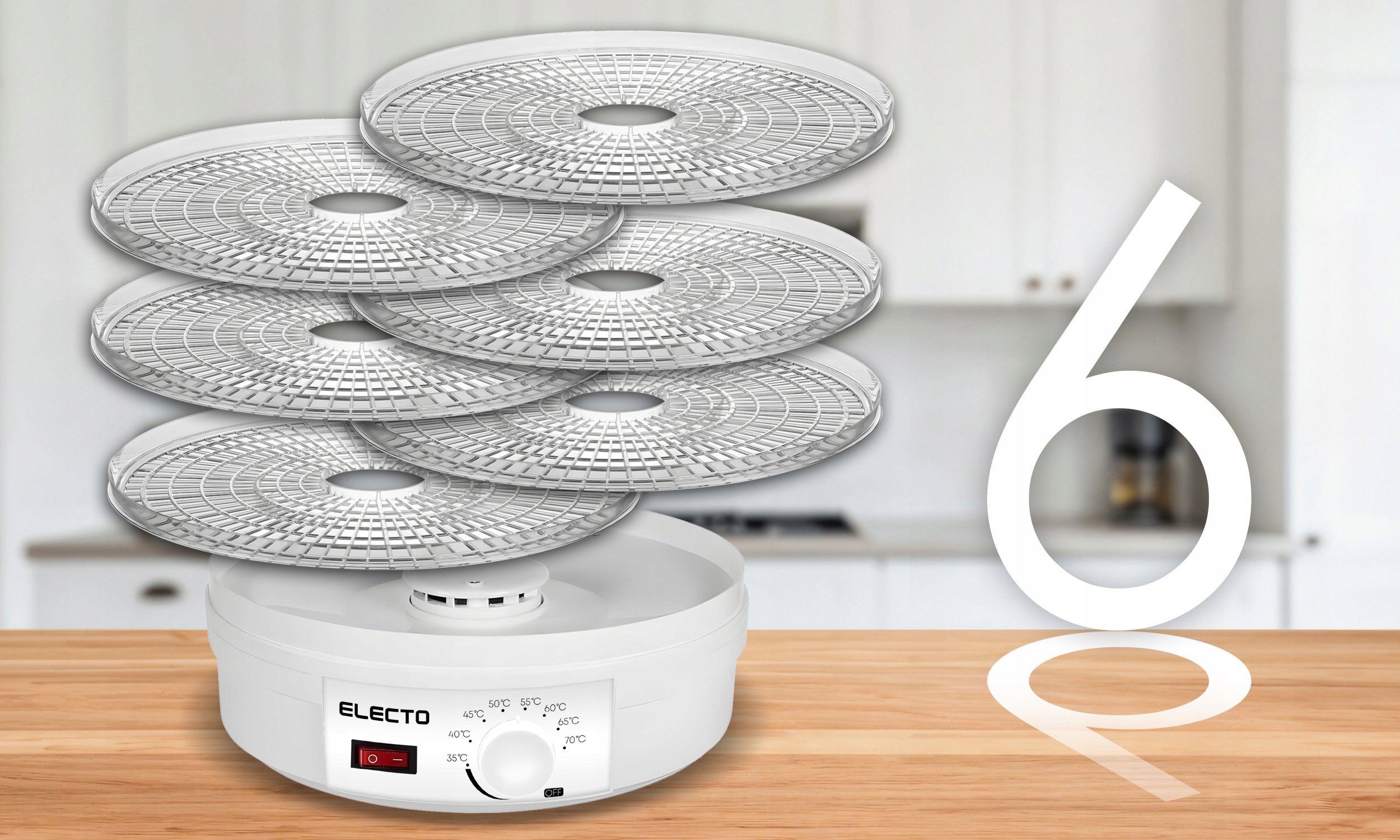 Food dryer Electo 500 W, 6 sieves, 35-70°C adjustable, white Brand Electo