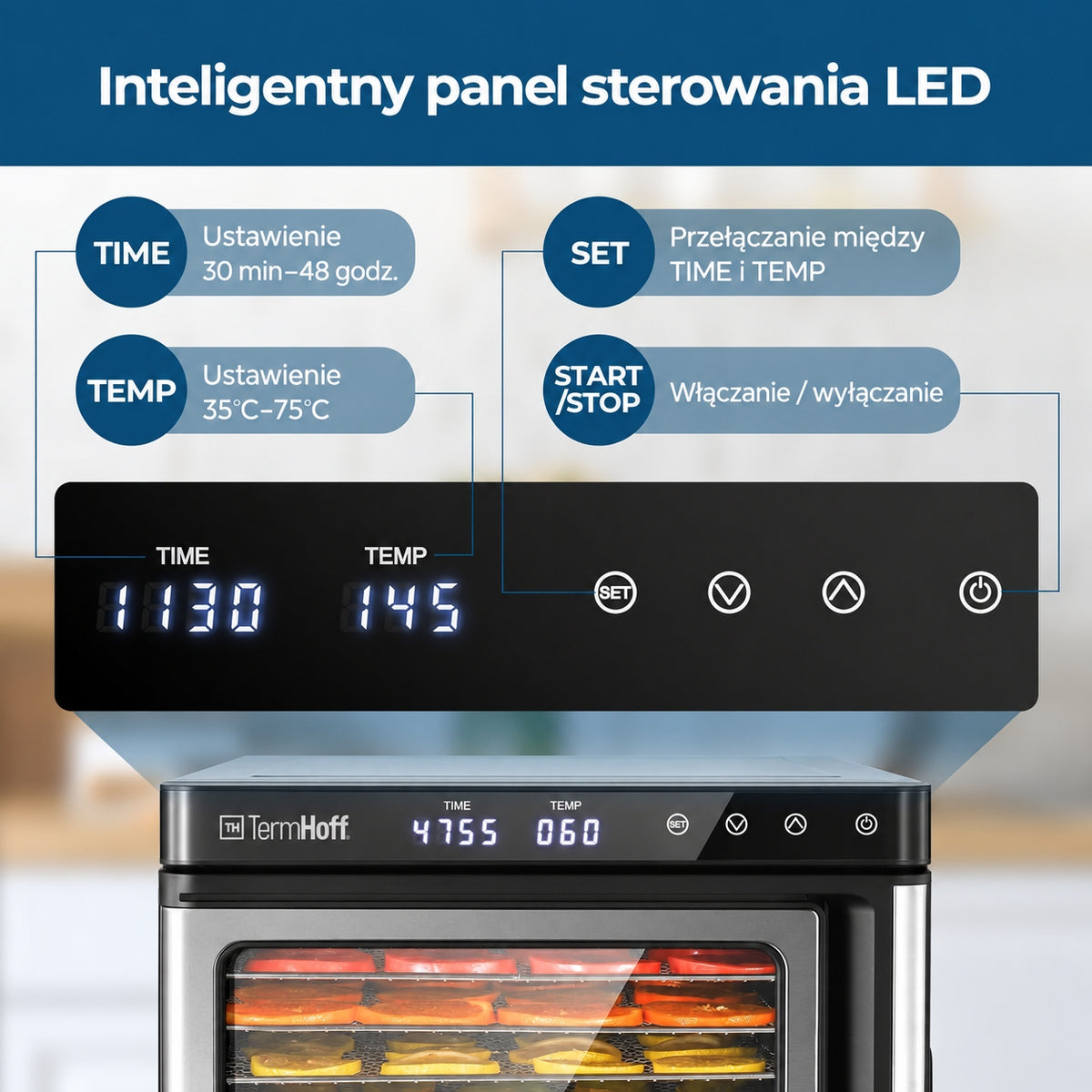 Food dryer TermHoff 9 trays INOX, temperature control, timer Manufacturer code Profesjonalna Suszarka Spożywcza 9 Tacek INOX