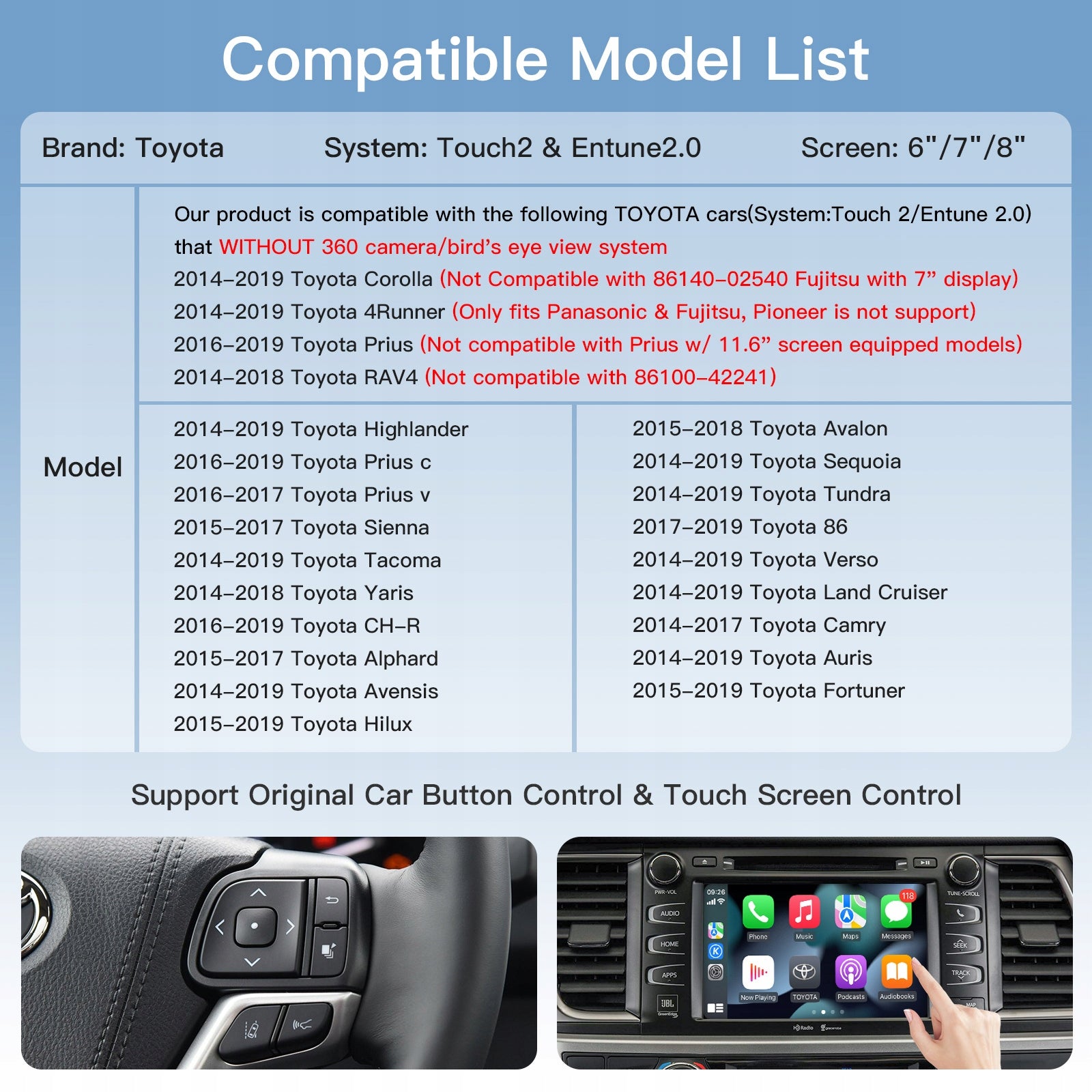 For Toyota Camry, Highlander, Tundra, Prius, C-HR with Apple CarPlay & Android Auto Manufacturer code CN-TF