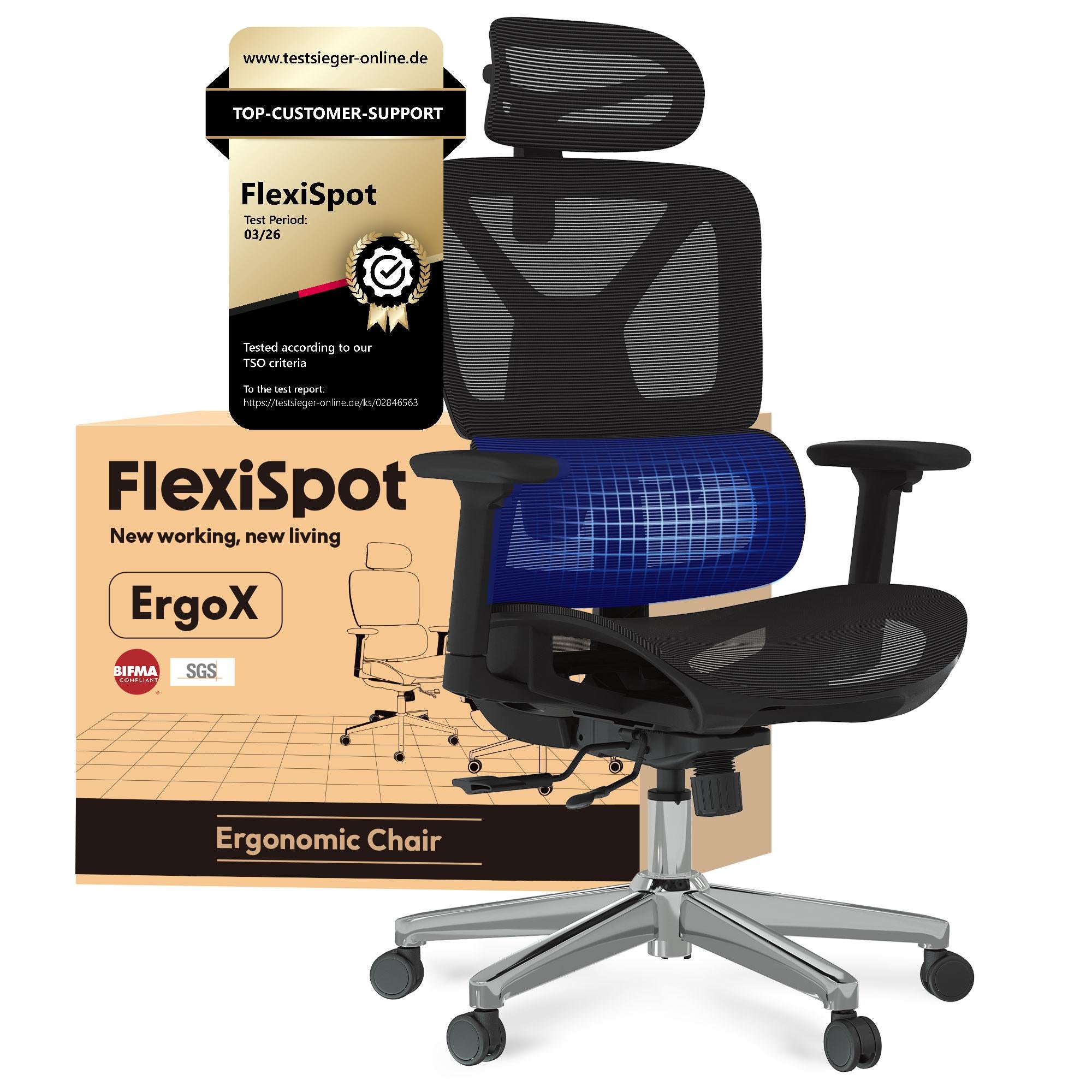 Fotel Biurowy FLEXISPOT Ergox Regulacja 5D Adaptacyjne Lędźwie Siatka 135°