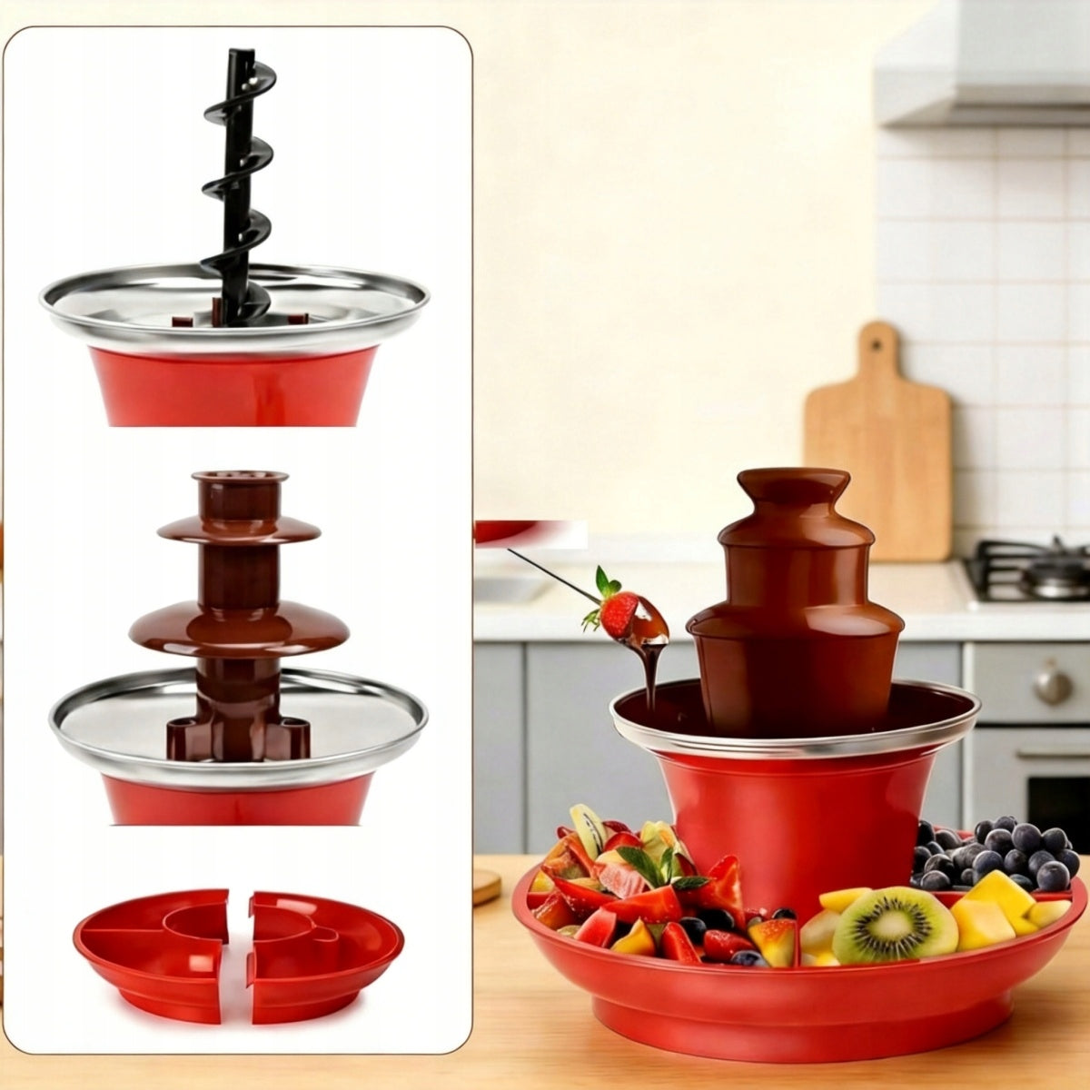 Fountain Chocolate Tower For Home Fondue 3 Levels Floor Chocolate 30W Dominant color red