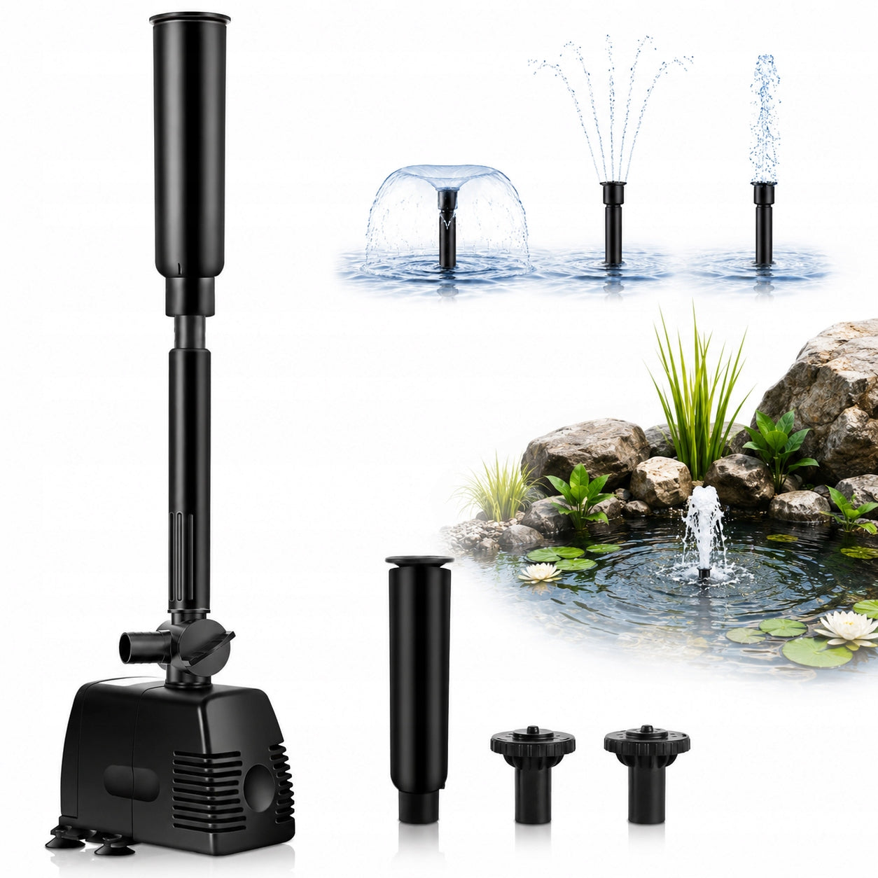 Fountain Pump For Pond Water 22W 1000L/h 3 Nozzles Flow Control