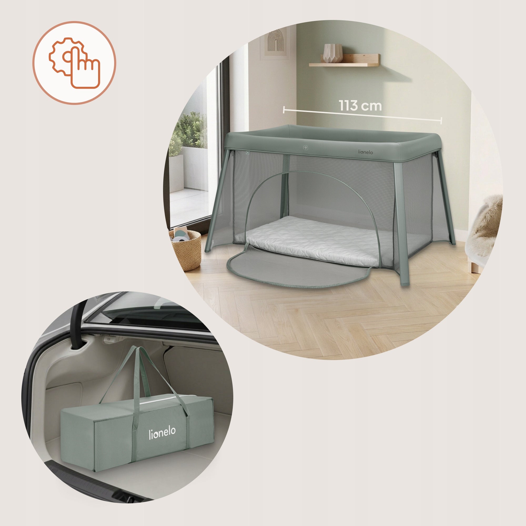 Freestanding travel cot 2in1 light folding Lionelo Mila Medical device no