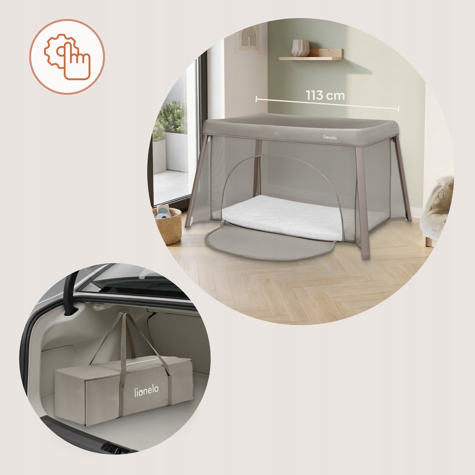 Freestanding travel cot 2in1 light folding Lionelo Mila Medical device no