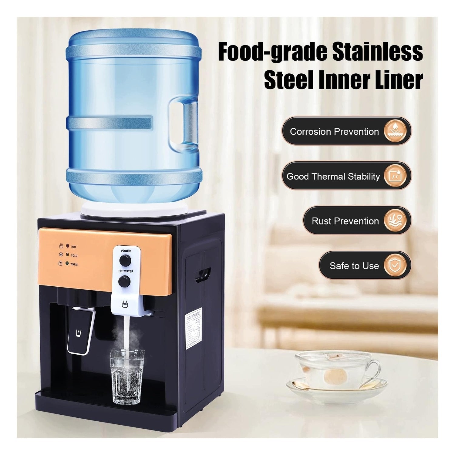 Freestanding water dispenser - cooling and heating function - gold Model Vrijstaande Waterdispenser - Koel- en Verwarmingsf