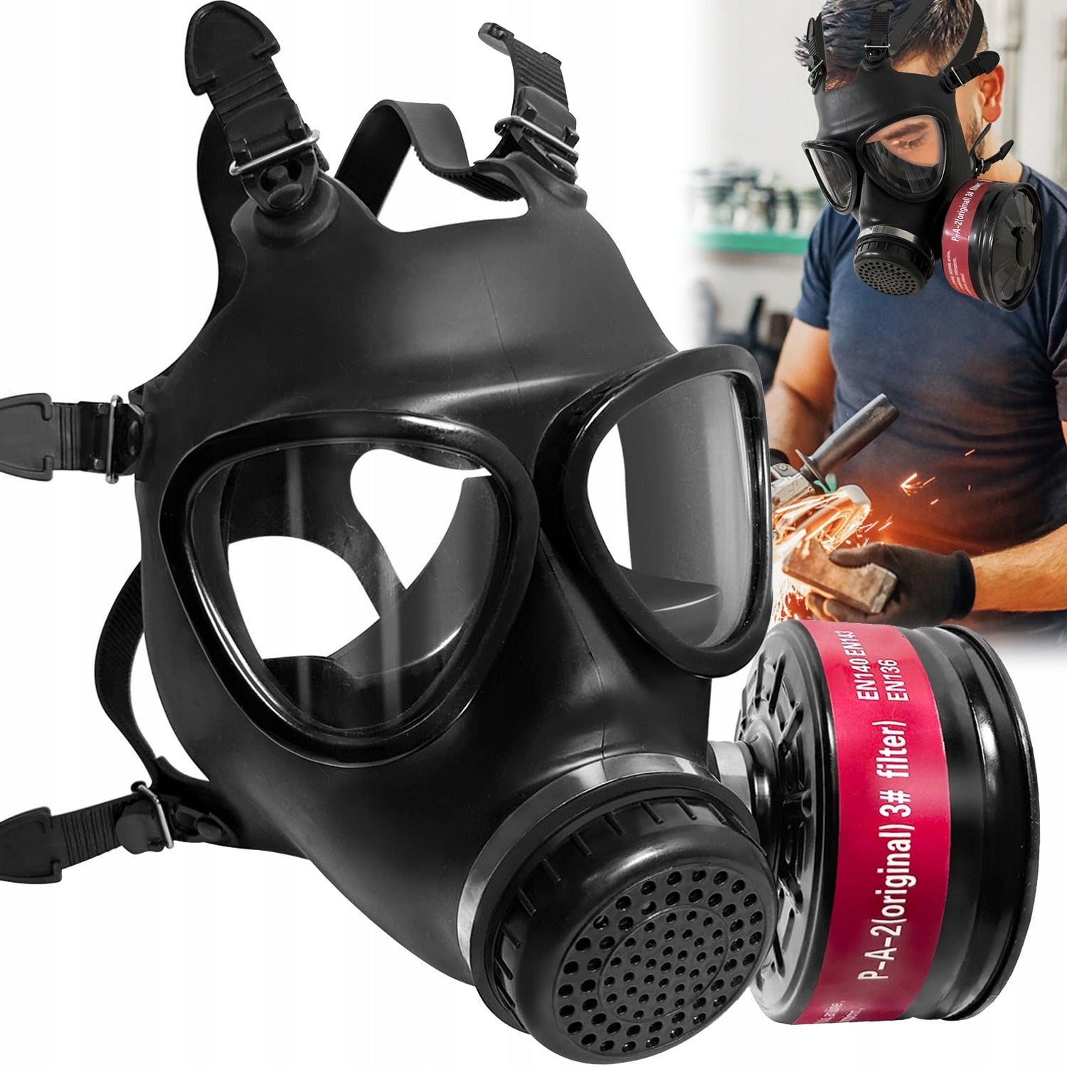Full face breathing mask with 40 mm activated carbon filters