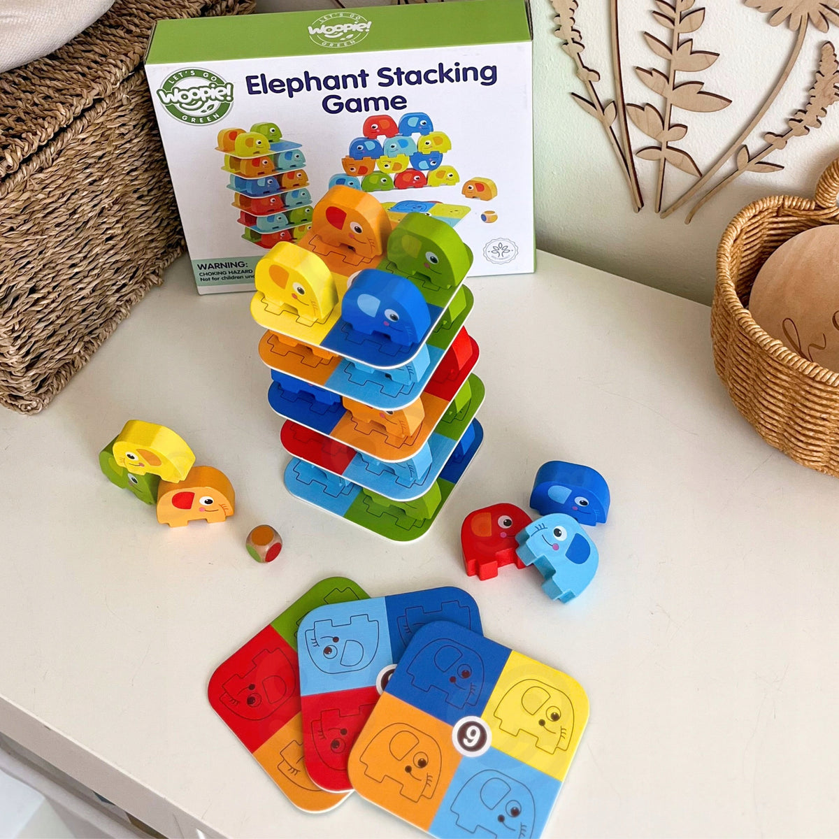 GAME TOWER COLORFUL ELEPHANTS ARCADE PUZZLE MONTESSORI WOOPIE GREEN Manufacturer code 49676