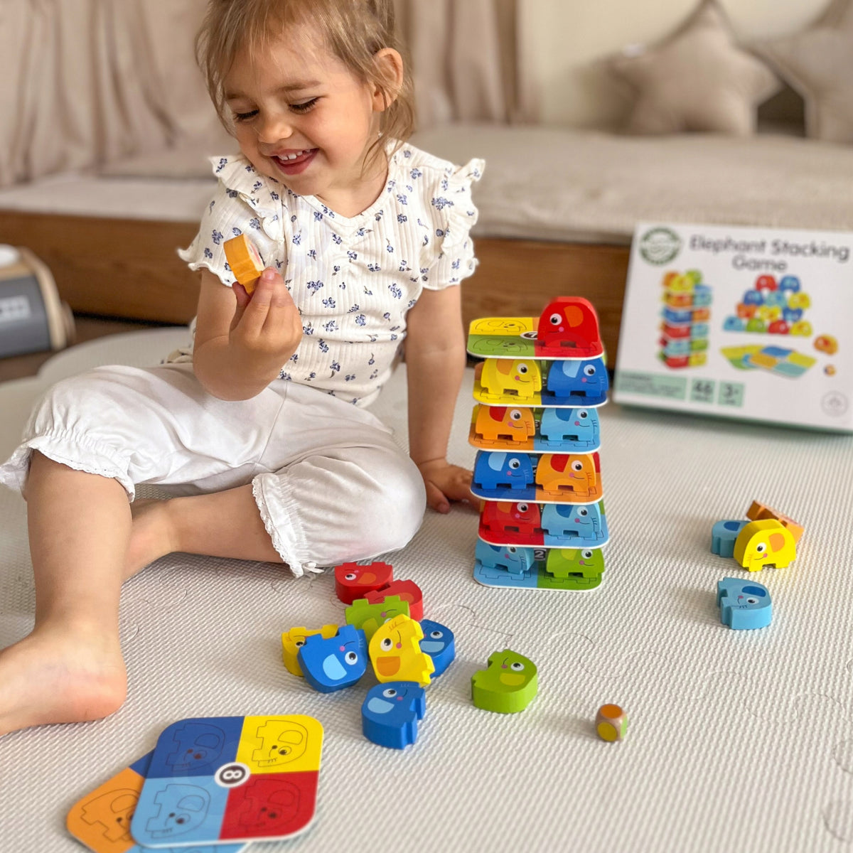 GAME TOWER COLORFUL ELEPHANTS ARCADE PUZZLE MONTESSORI WOOPIE GREEN Packaging status original