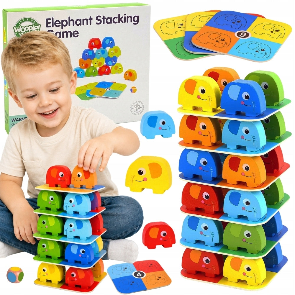 GAME TOWER COLORFUL ELEPHANTS ARCADE PUZZLE MONTESSORI WOOPIE GREEN
