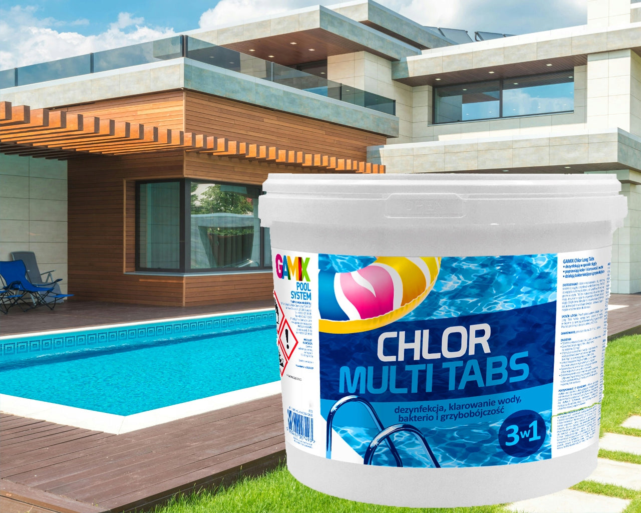 GAMIX BLUE MULTI TABLETS 3in1 CHLORINE FOR SWIMMING POOL BLUE WATER 200g 5kg Manufacturer code CHLOR MULTI TABLETKI 25x200g 5kg + PORADNIK