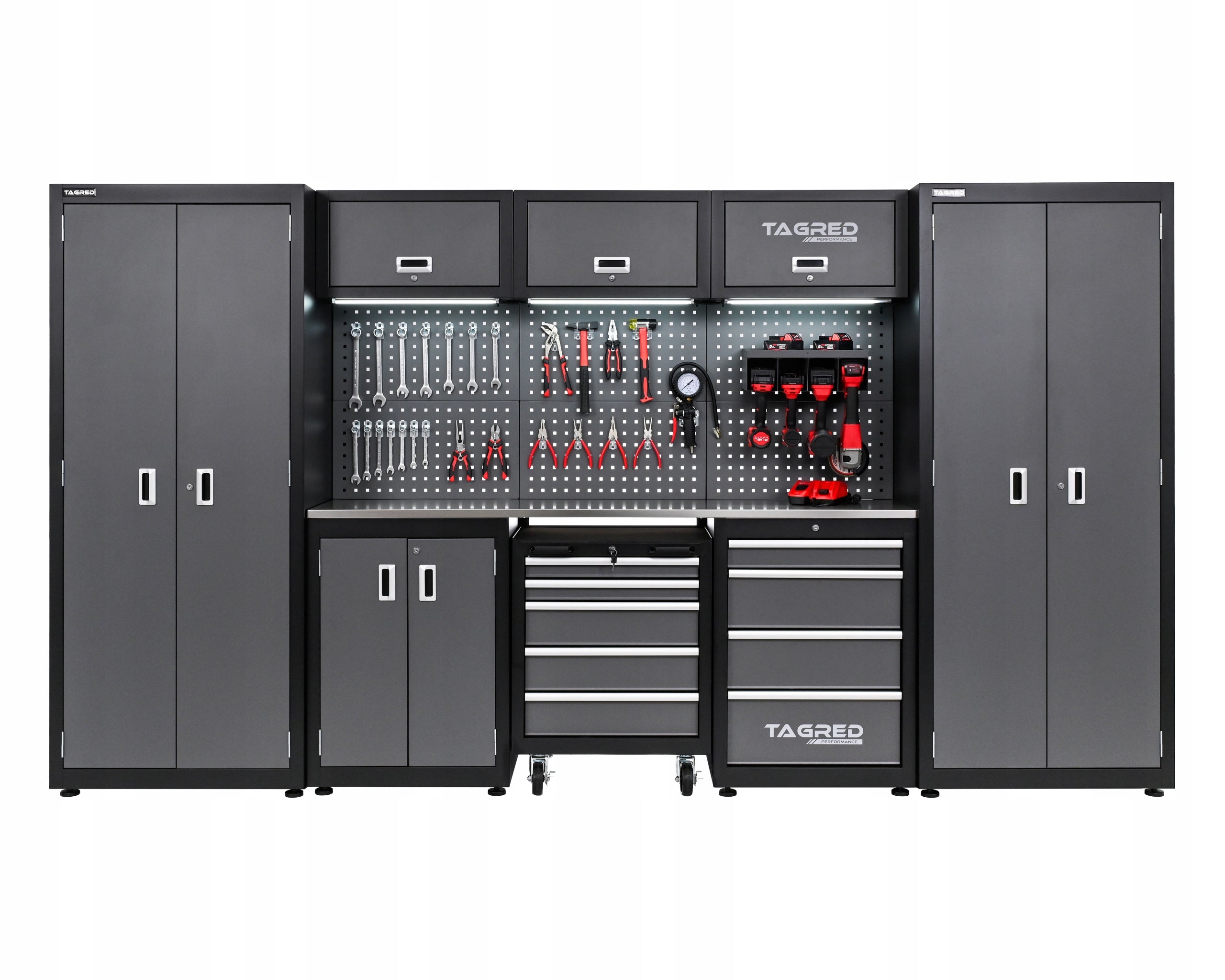 GARAGE FURNITURE WORKSHOP 260CM 2X TOOL CABINET STAINLESS STEEL 3D + LED Packaging status original