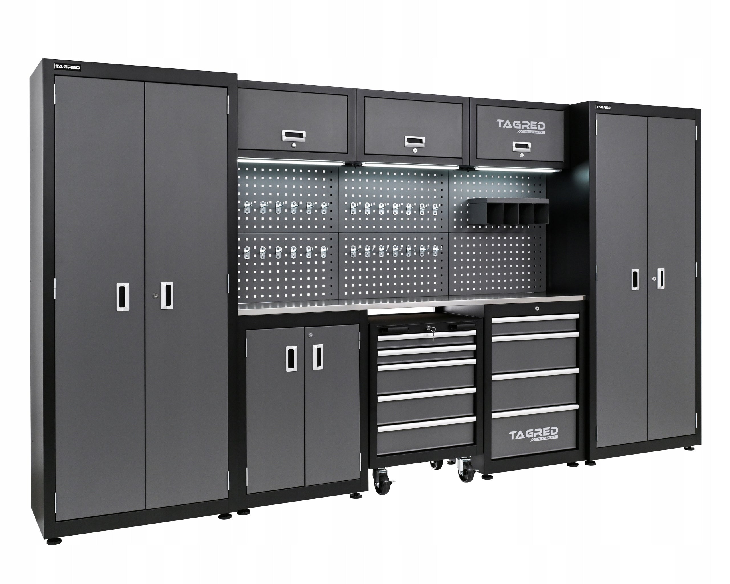 GARAGE FURNITURE WORKSHOP 260CM 2X TOOL CABINET STAINLESS STEEL 3D + LED