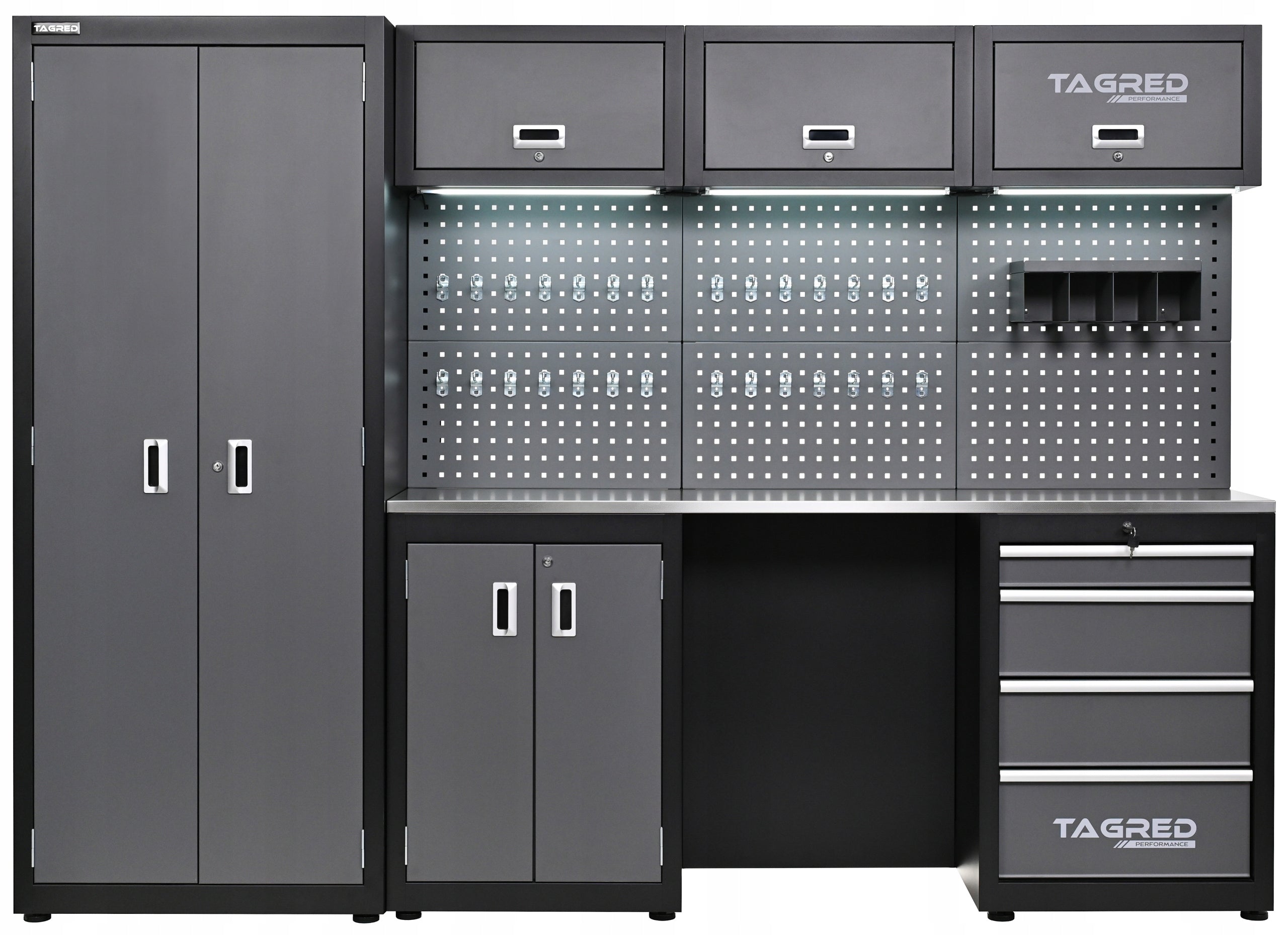 GARAGE FURNITURE WORKSHOP 260CM BOOKCASE WARDROBE COUNTERTOP STEEL INOX 3D + LED Manufacturer code TA1973 MEBLE DO GARAŻU WARSZTATOWE
