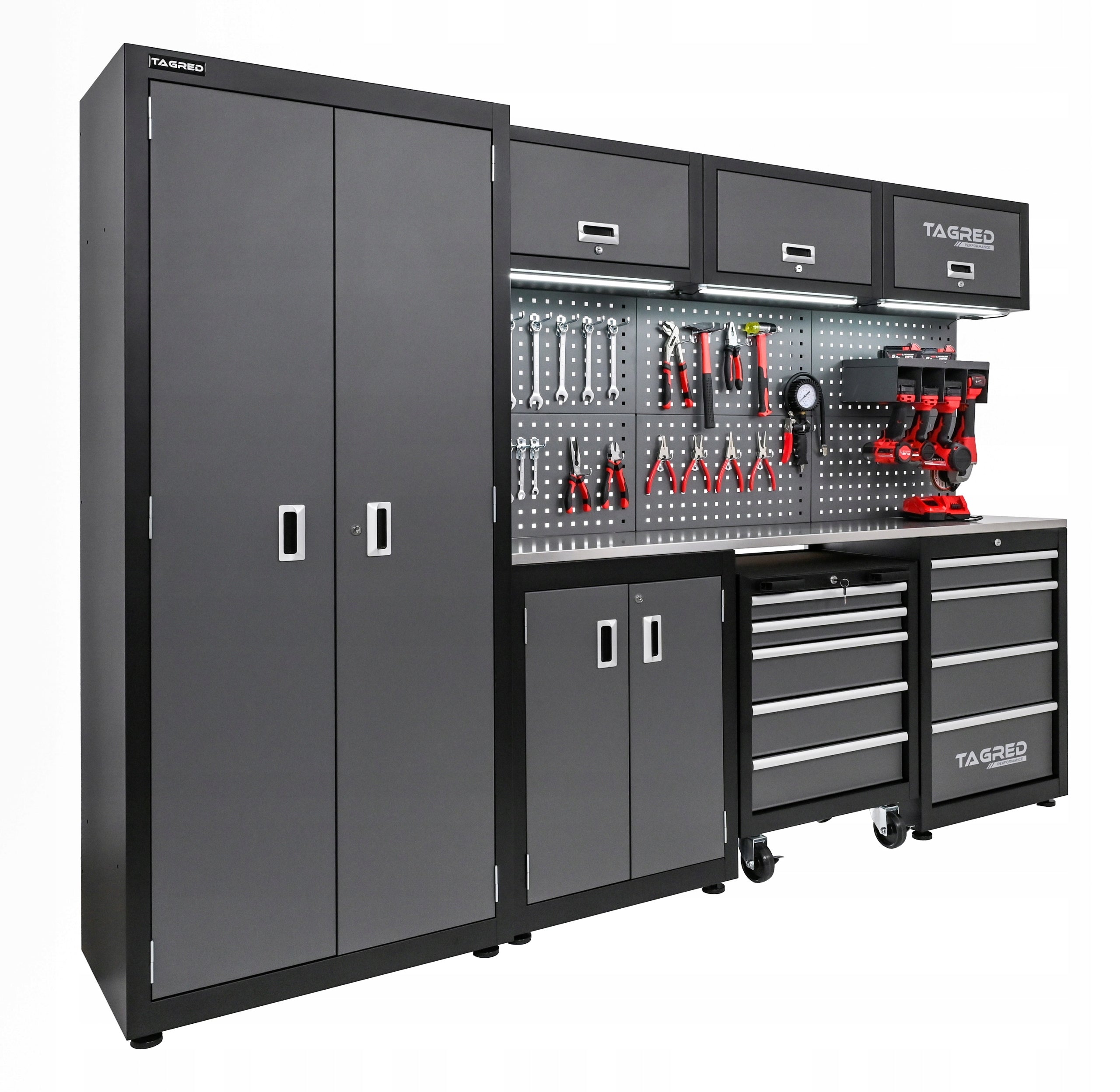 GARAGE FURNITURE WORKSHOP 260CM TOOL CABINET COUNTERTOP STAINLESS STEEL 3D + LED