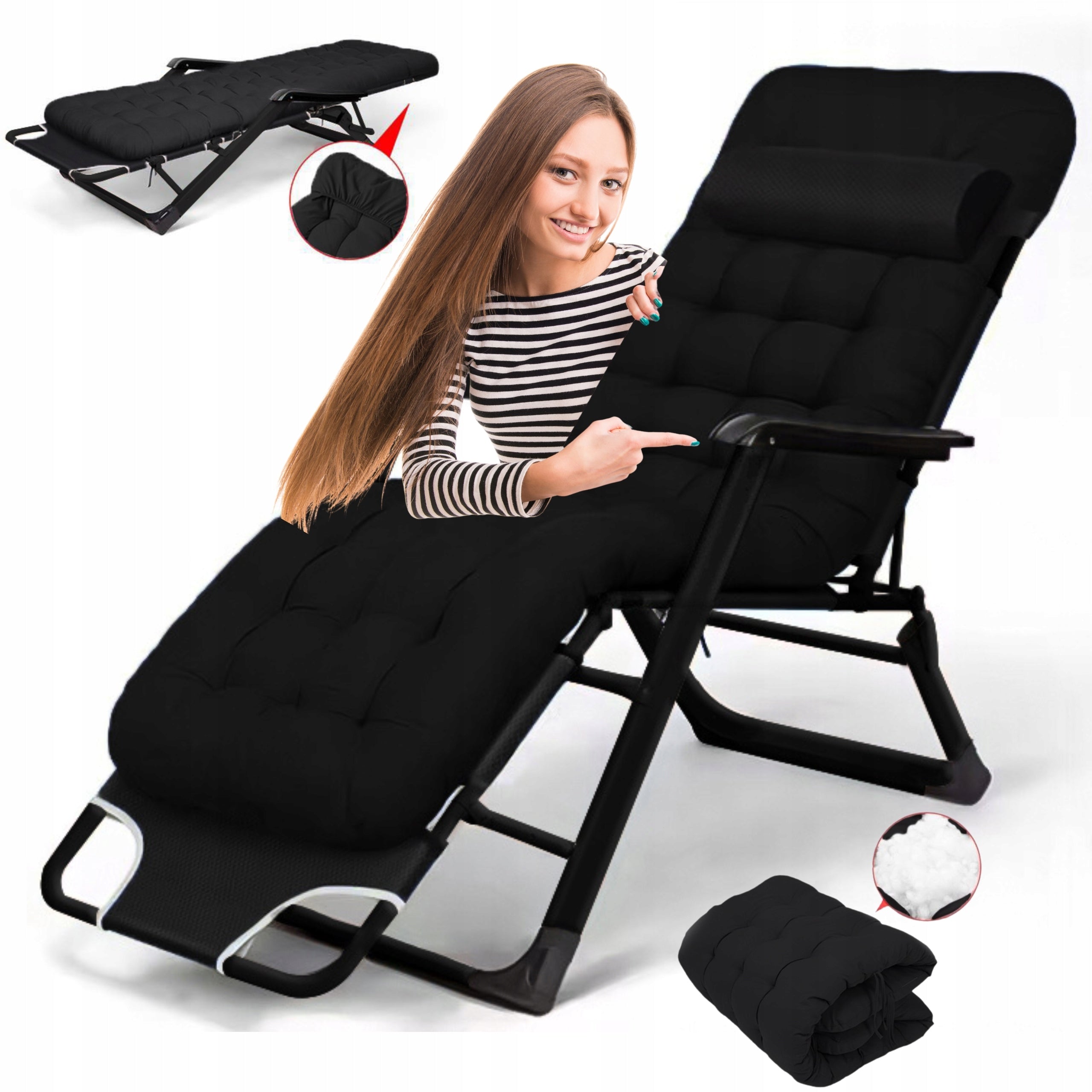 GARDEN BEACH CHAIR DC01-BK-BK PILLOW FOLDING COMFORTABLE BLACK