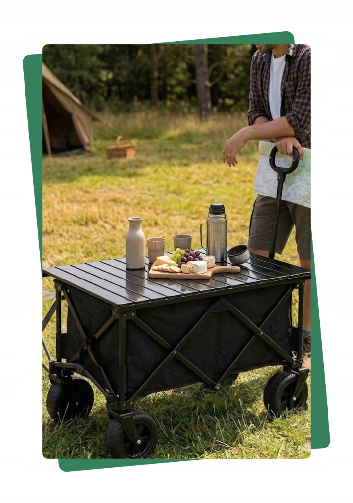 GARDEN BEACH TROLLEY Folding 150KG Camping WHEEL XL + TABLE Manufacturer code Wóżek plażowy koła XL 150kg + STOLIK 50x86cm